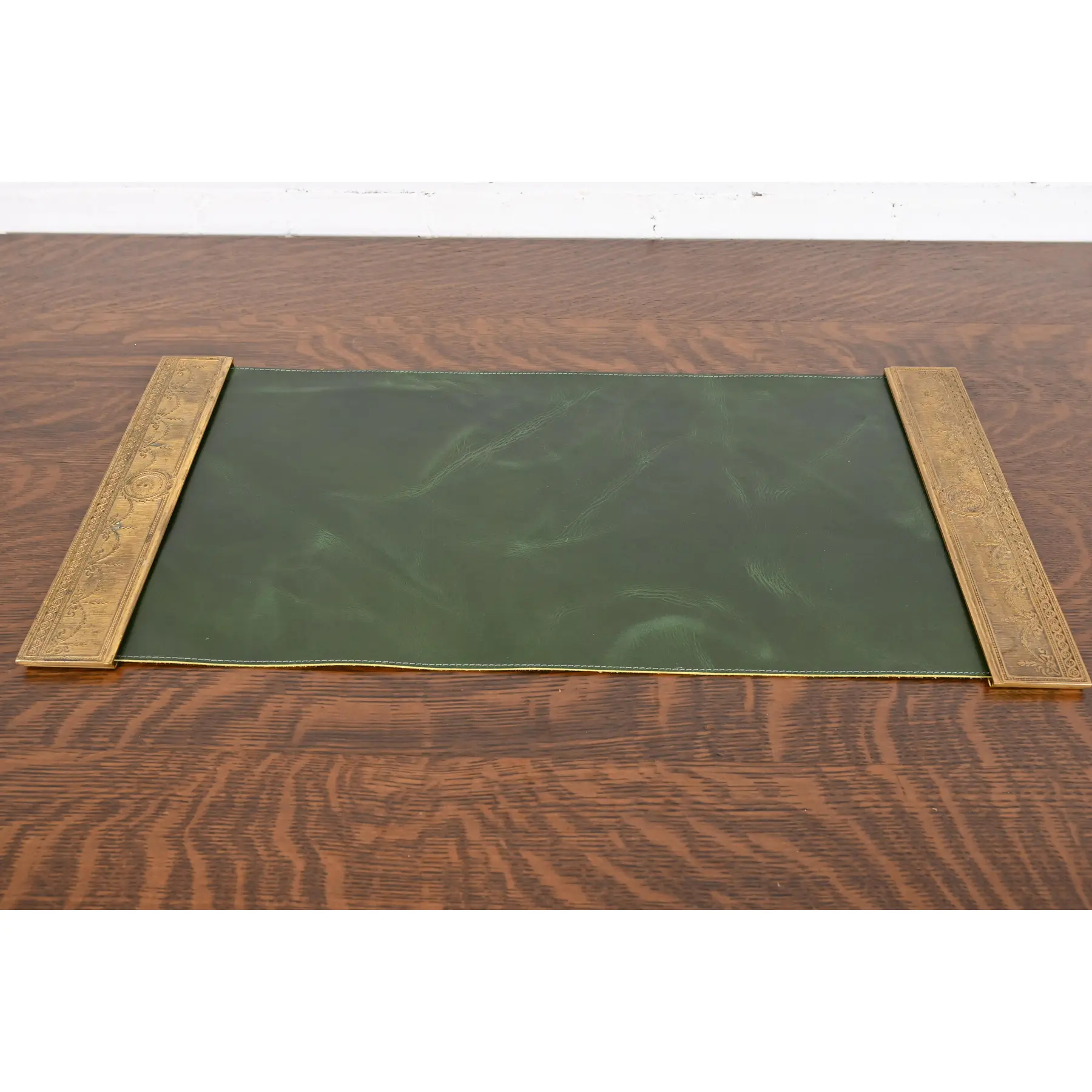 Tiffany Studios New York "Adam" Bronze Doré Blotter Ends With Leather Desk Blotter - Image 2