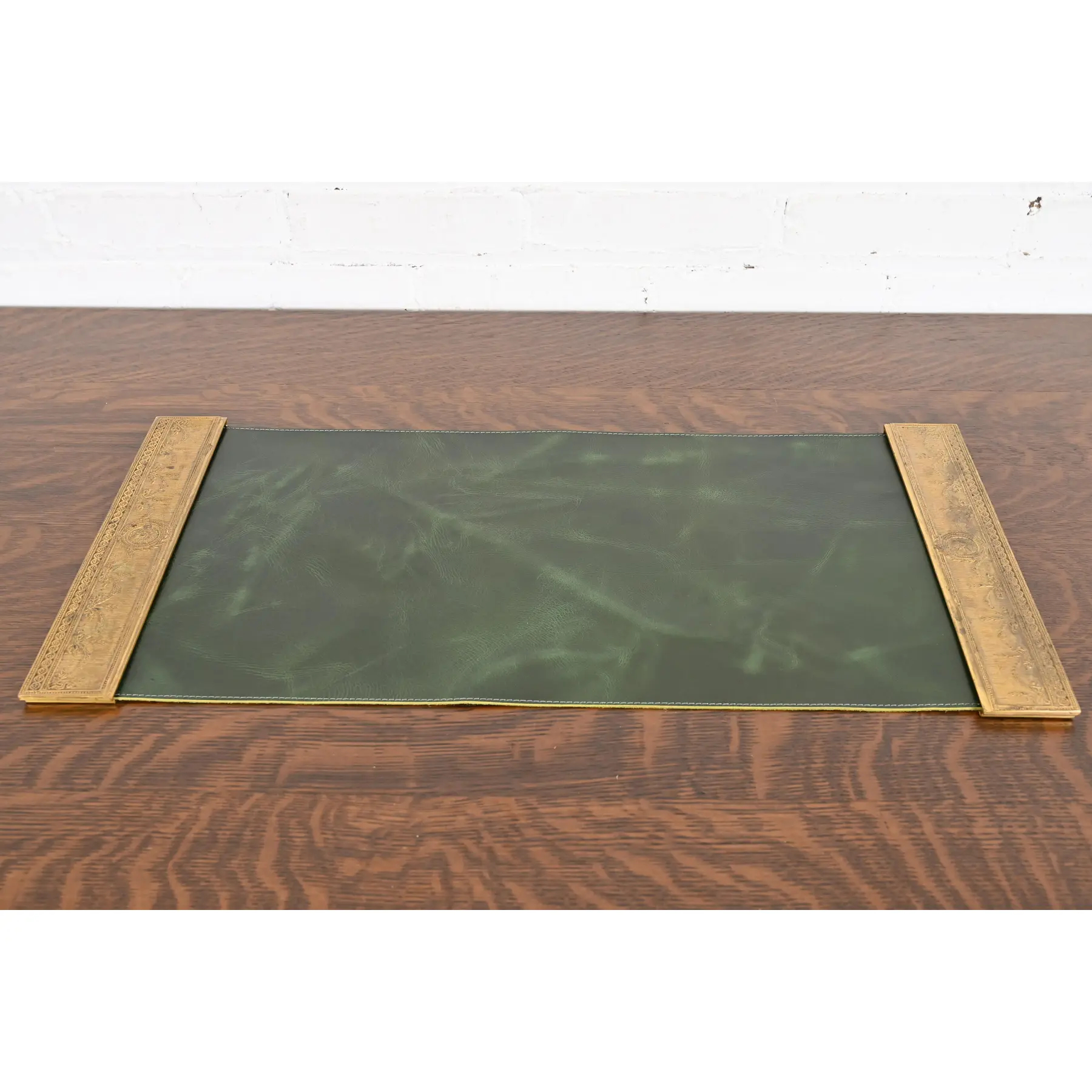 Tiffany Studios New York "Adam" Bronze Doré Blotter Ends With Leather Desk Blotter - Image 2