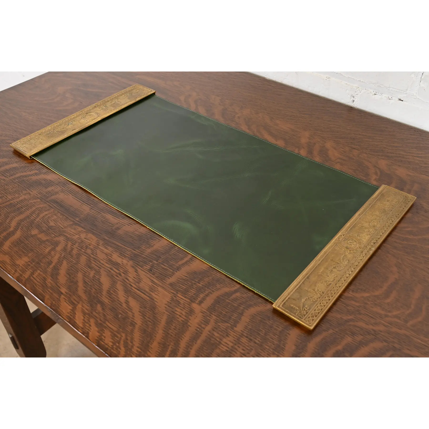 Tiffany Studios New York "Adam" Bronze Doré Blotter Ends With Leather Desk Blotter - Image 3