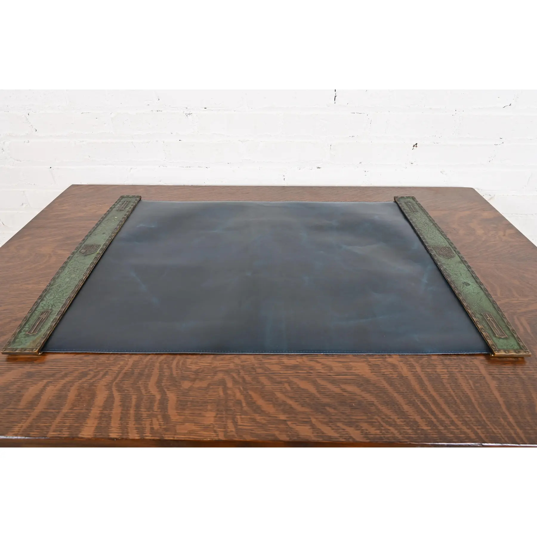 Tiffany Studios New York Heraldic Bronze Blotter Ends With Leather Desk Blotter - Image 2