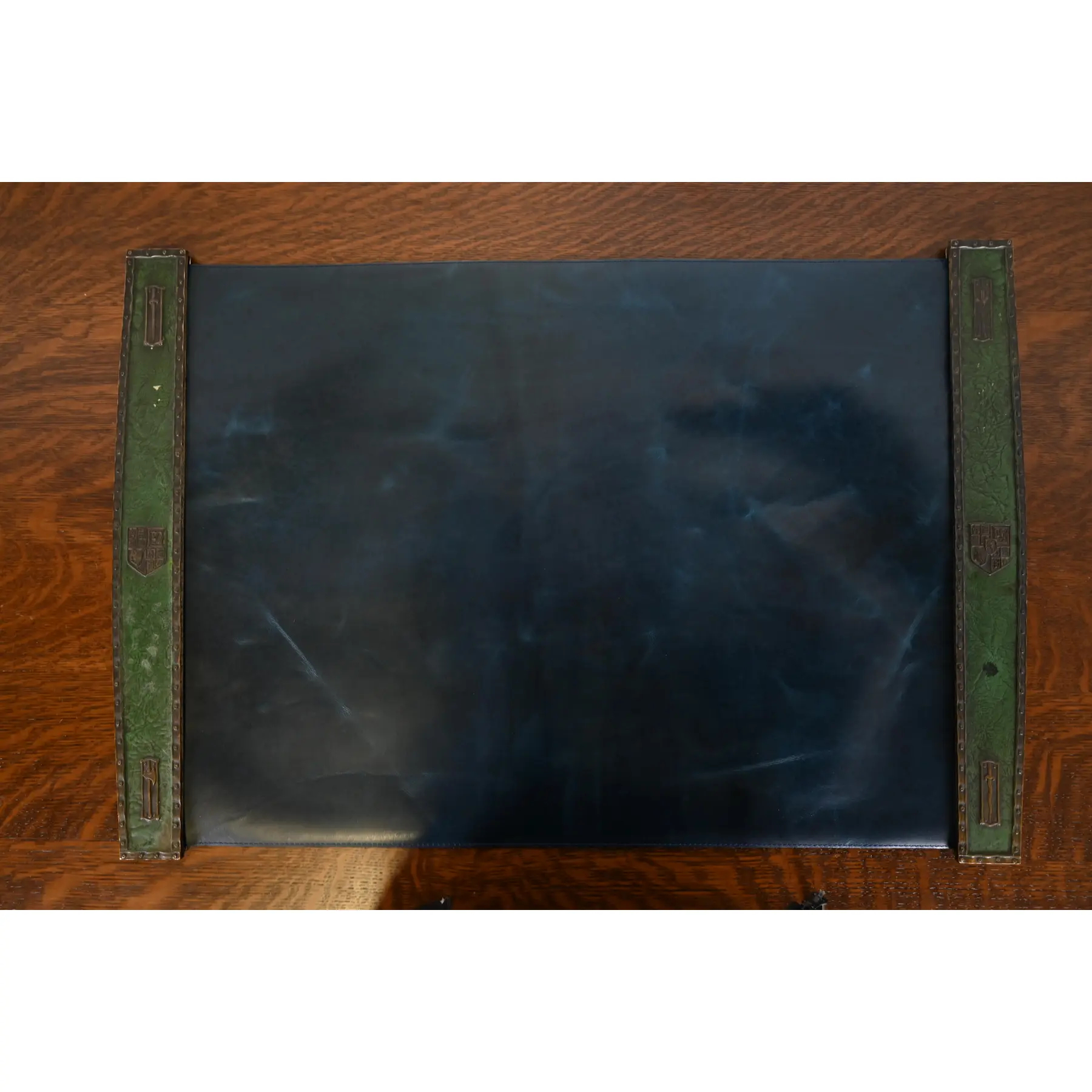 Tiffany Studios New York Heraldic Bronze Blotter Ends With Leather Desk Blotter
