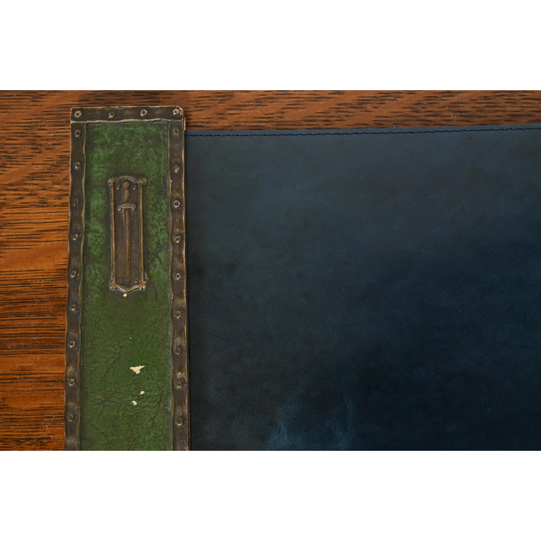 Tiffany Studios New York Heraldic Bronze Blotter Ends With Leather Desk Blotter - Image 3