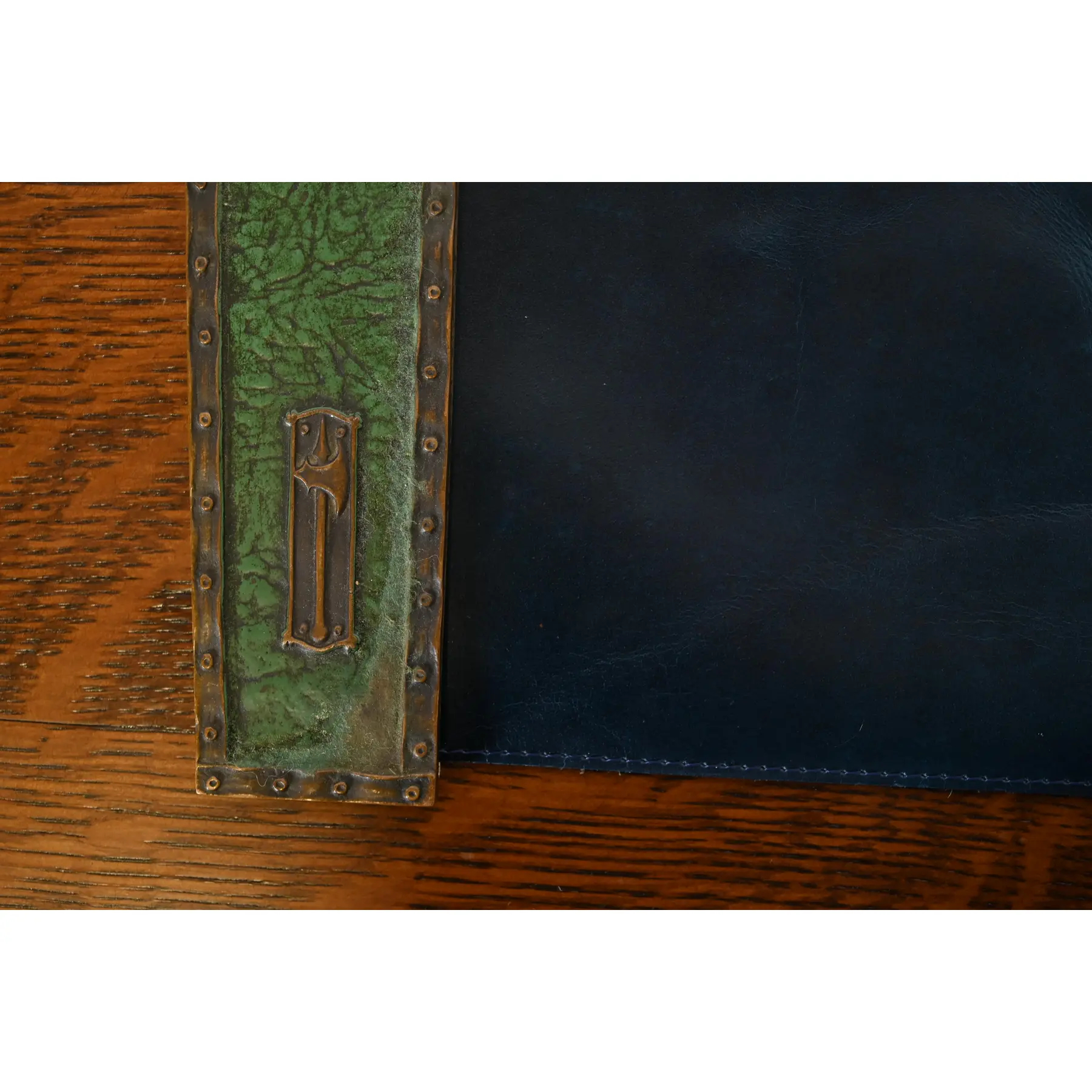 Tiffany Studios New York Heraldic Bronze Blotter Ends With Leather Desk Blotter - Image 5