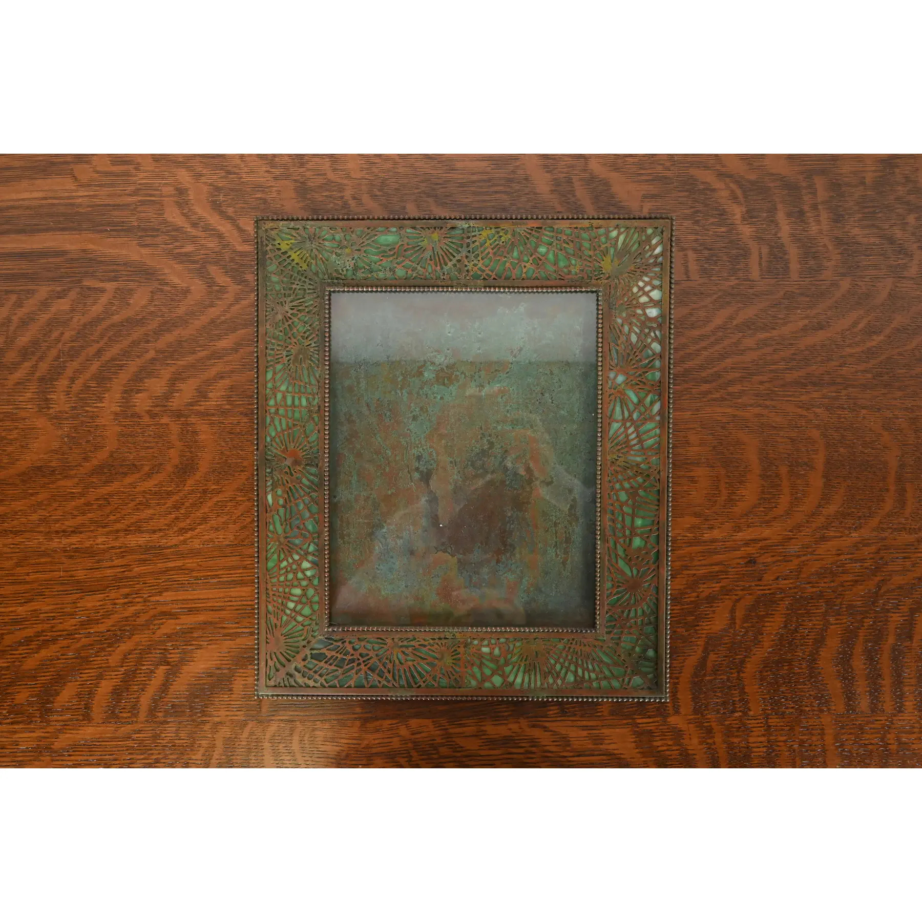 Tiffany Studios New York Pine Needle Bronze and Green Slag Glass Large Picture Frame, Circa 1910 - Image 6