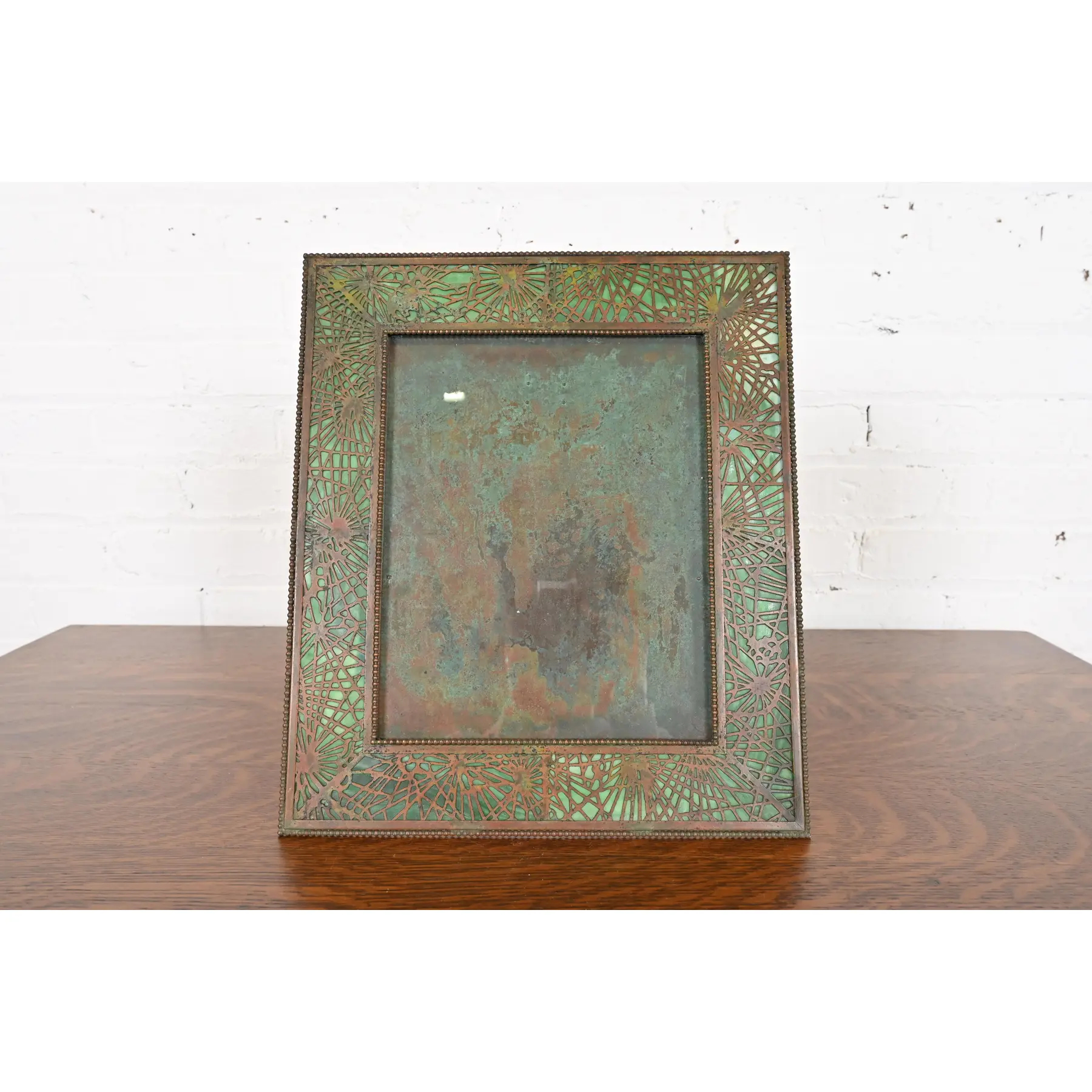 Tiffany Studios New York Pine Needle Bronze and Green Slag Glass Large Picture Frame, Circa 1910 - Image 2
