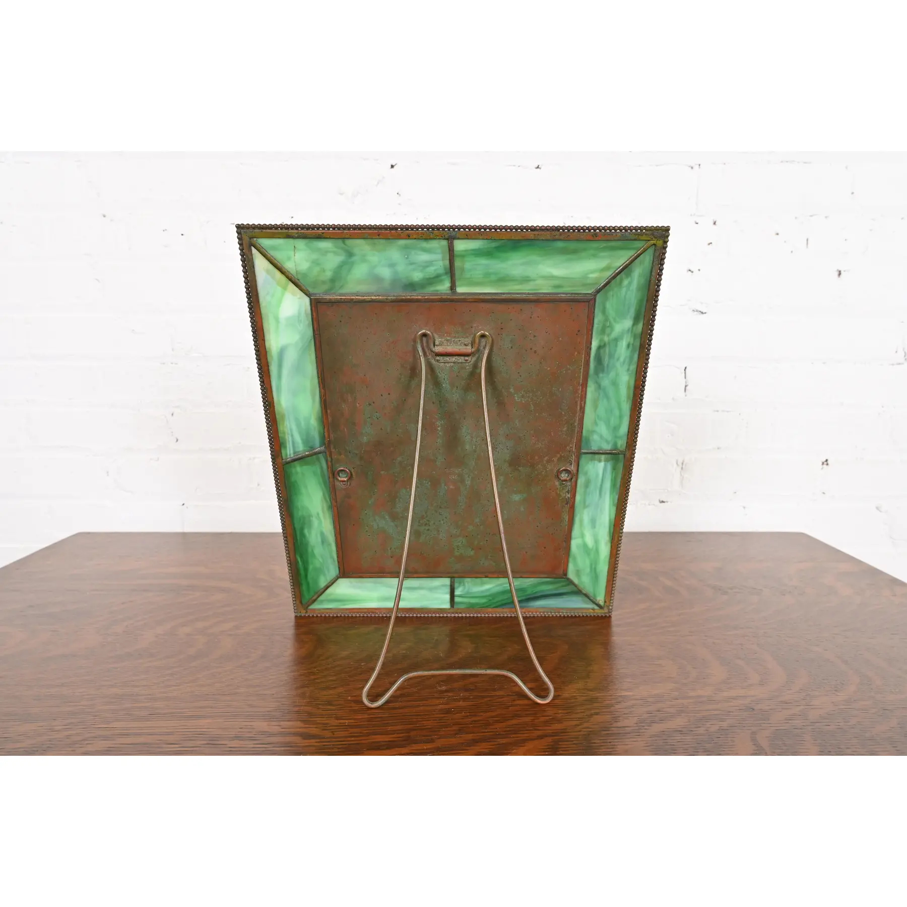 Tiffany Studios New York Pine Needle Bronze and Green Slag Glass Large Picture Frame, Circa 1910 - Image 8