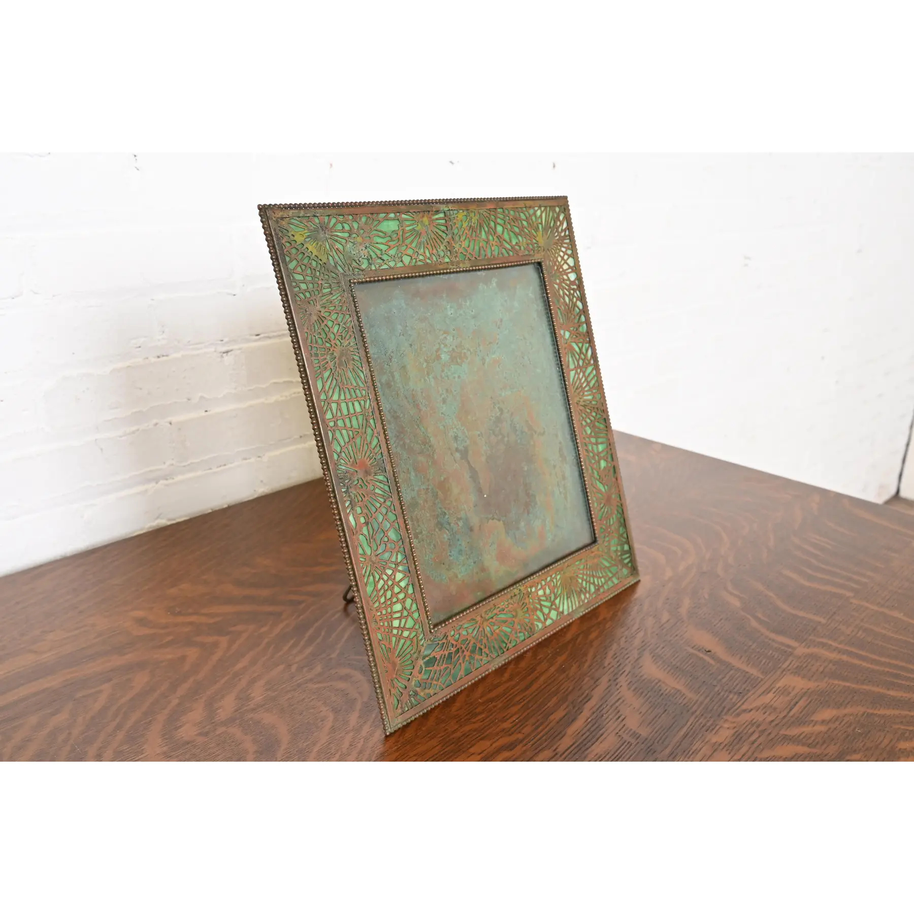 Tiffany Studios New York Pine Needle Bronze and Green Slag Glass Large Picture Frame, Circa 1910 - Image 4