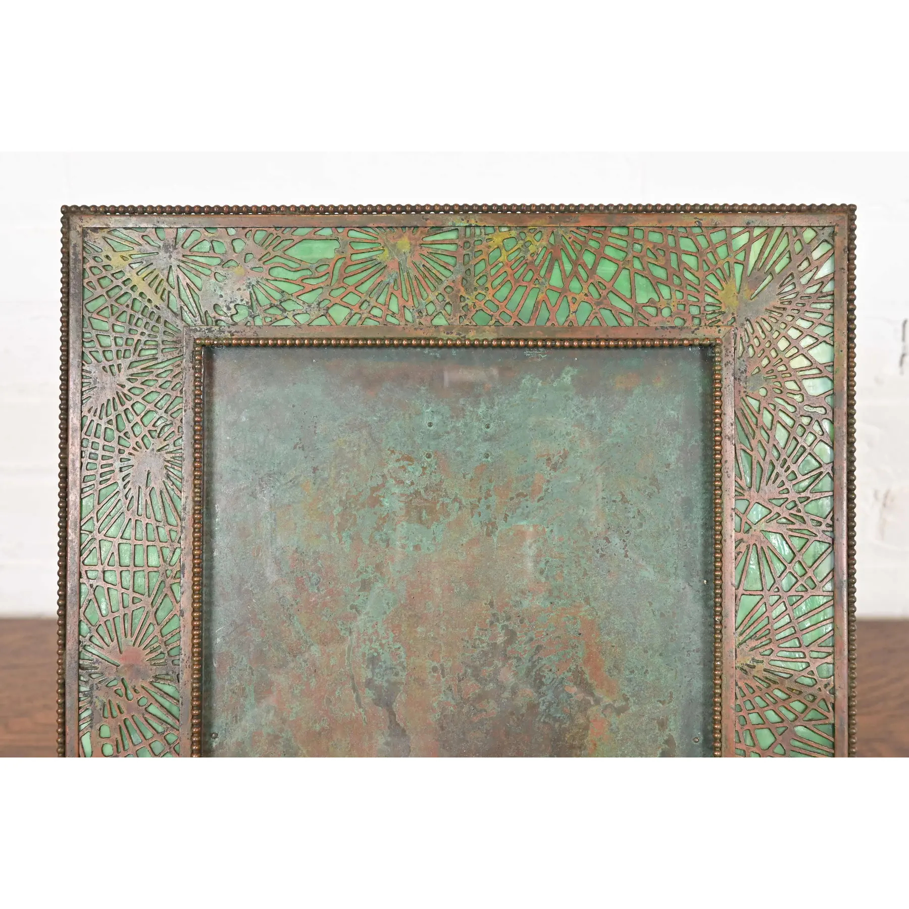 Tiffany Studios New York Pine Needle Bronze and Green Slag Glass Large Picture Frame, Circa 1910 - Image 5