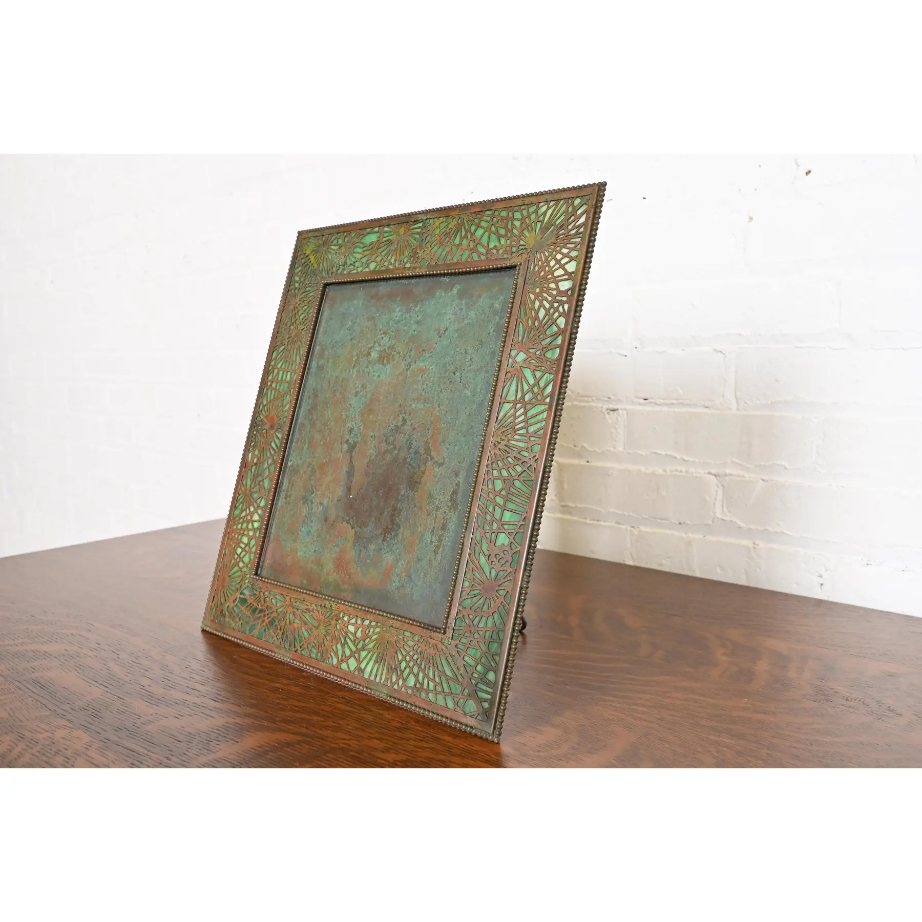 Tiffany Studios New York Pine Needle Bronze and Green Slag Glass Large Picture Frame, Circa 1910 - Image 3