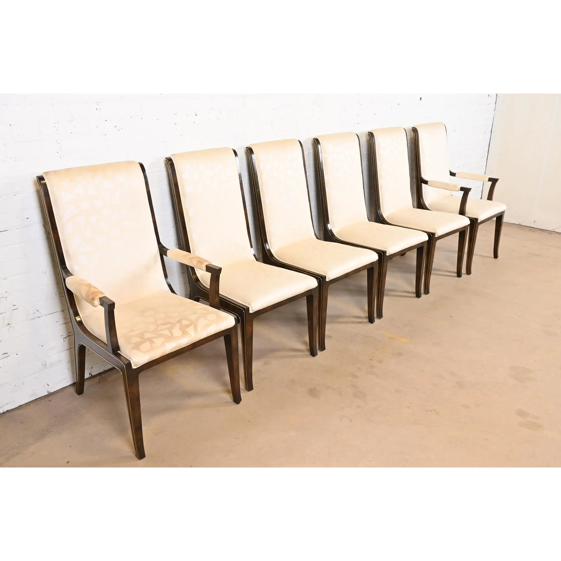 William Doezema for Mastercraft Hollywood Regency Burl Wood and Brass Dining Chairs, Set of Six - Image 2