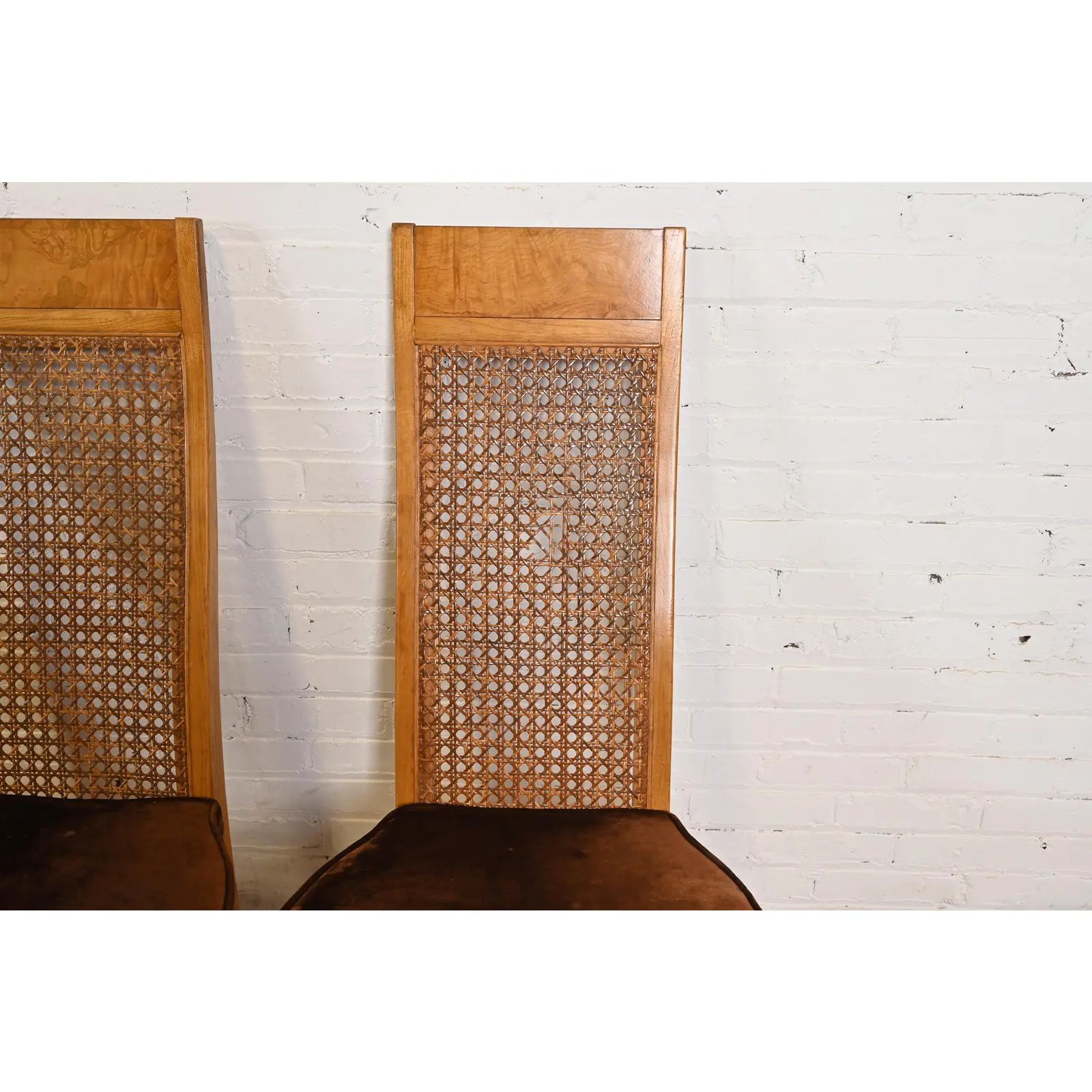 Milo Baughman Style Mid-Century Modern Burl Wood and Cane High Back Dining Chairs by Lane, 1970s - Image 11