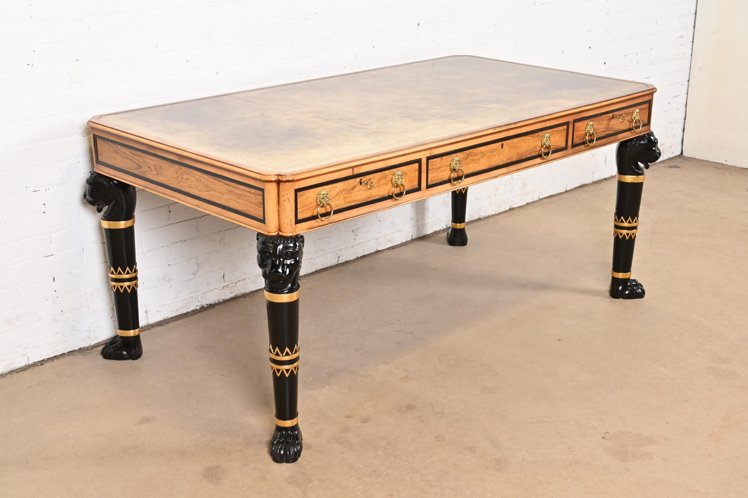 Baker Furniture Egyptian Revival Rosewood Leather Top Executive Bureau Plat Desk