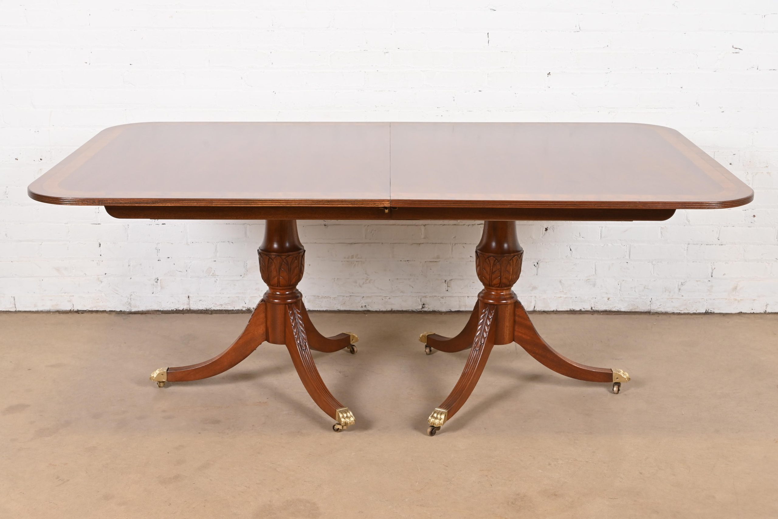 Baker Furniture Style Georgian Banded Mahogany Double Pedestal Extension Dining Table, Newly Refinished - Image 7