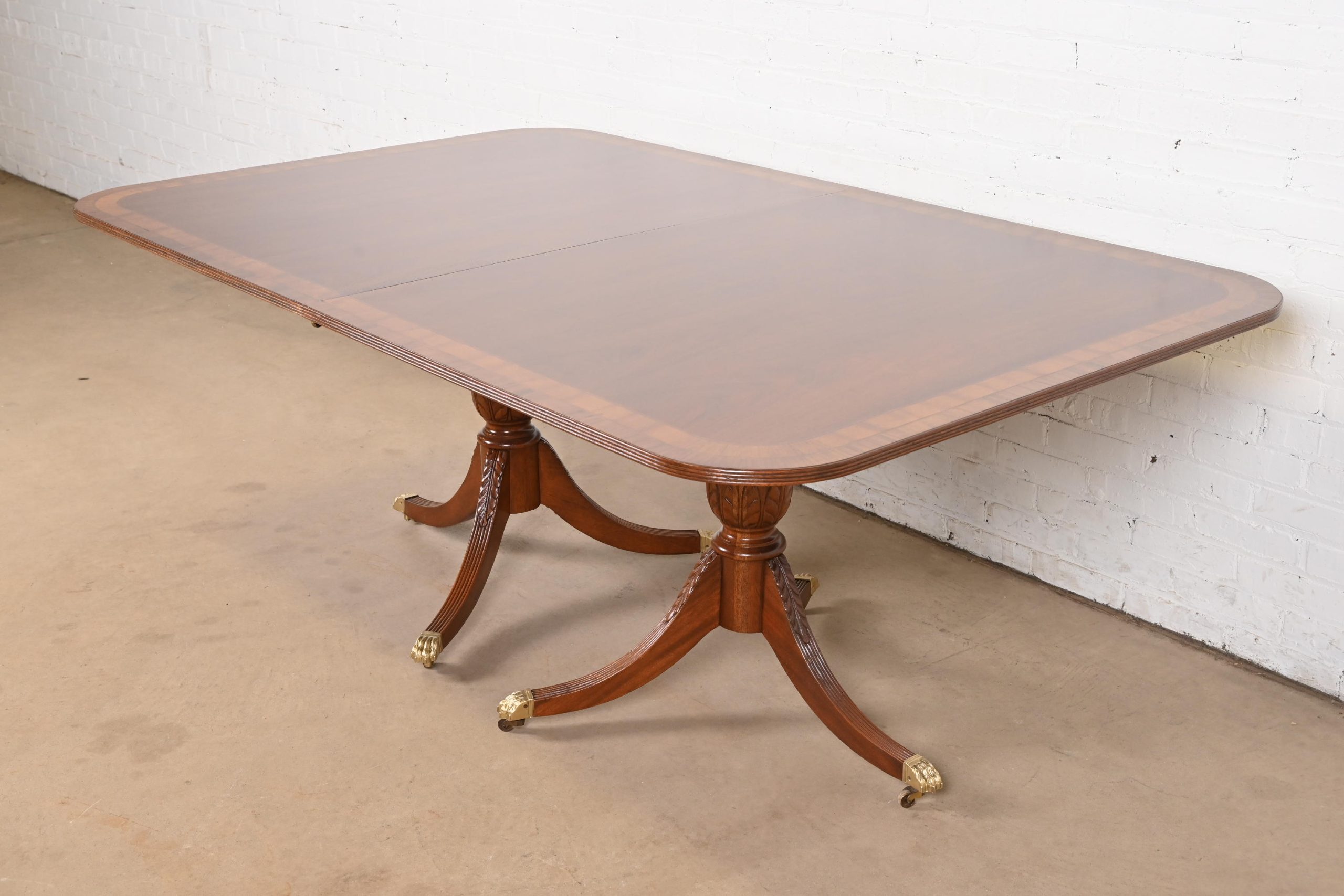 Baker Furniture Style Georgian Banded Mahogany Double Pedestal Extension Dining Table, Newly Refinished - Image 8