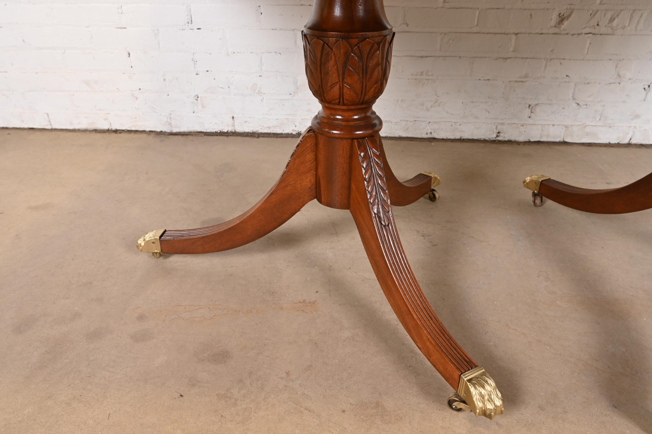 Baker Furniture Style Georgian Banded Mahogany Double Pedestal Extension Dining Table, Newly Refinished - Image 9