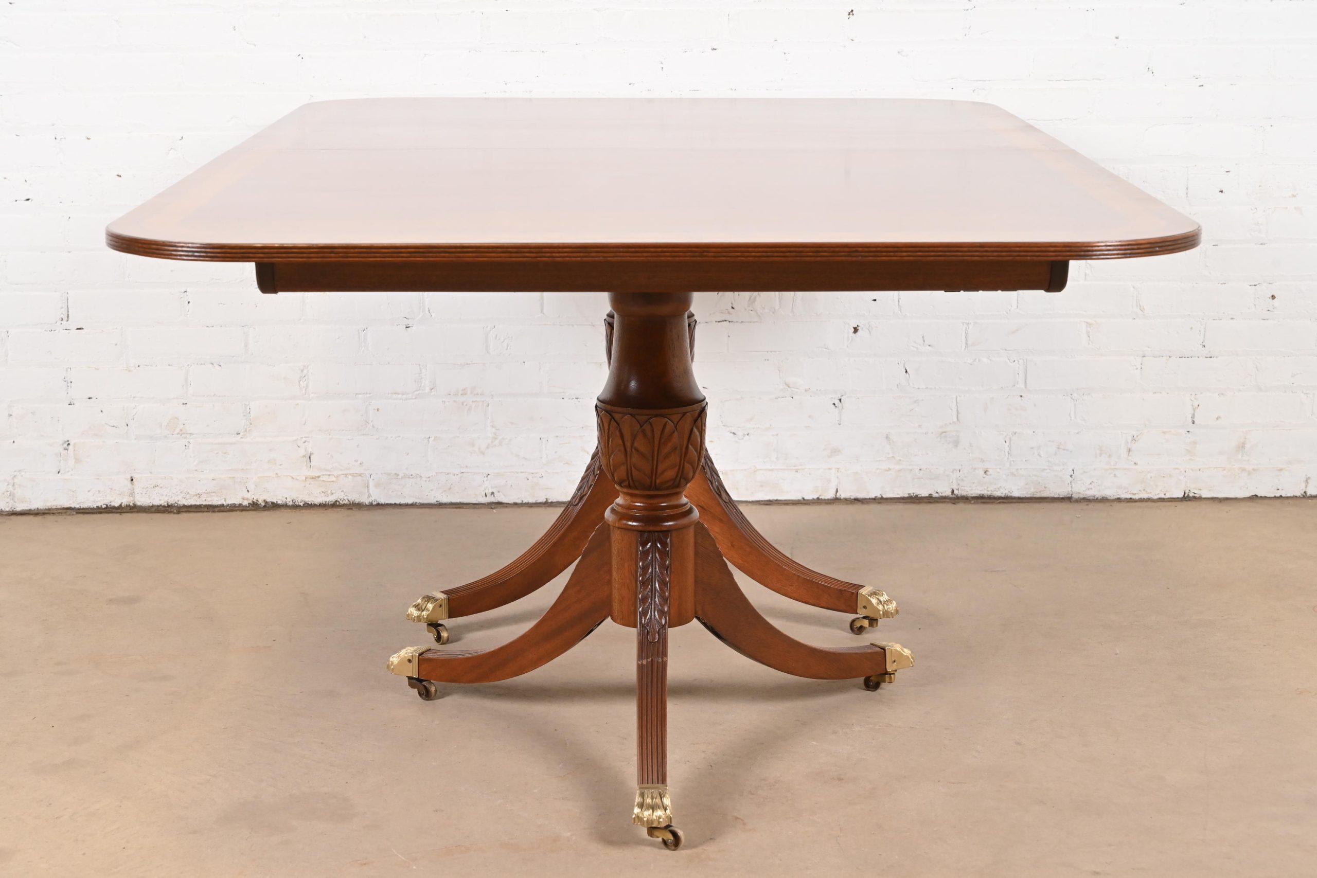 Baker Furniture Style Georgian Banded Mahogany Double Pedestal Extension Dining Table, Newly Refinished - Image 10