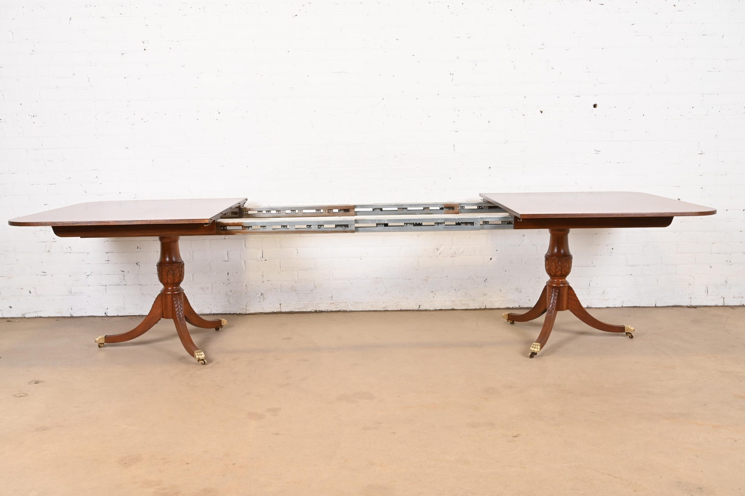 Baker Furniture Style Georgian Banded Mahogany Double Pedestal Extension Dining Table, Newly Refinished - Image 6