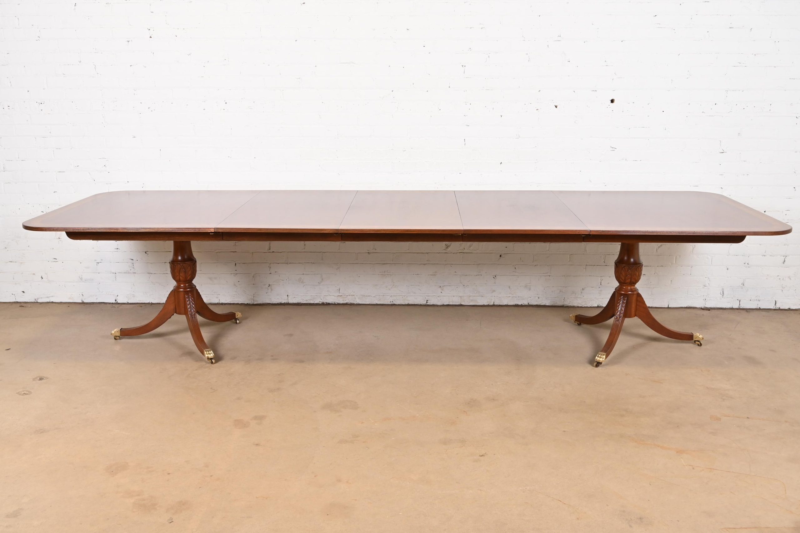 Baker Furniture Style Georgian Banded Mahogany Double Pedestal Extension Dining Table, Newly Refinished - Image 2