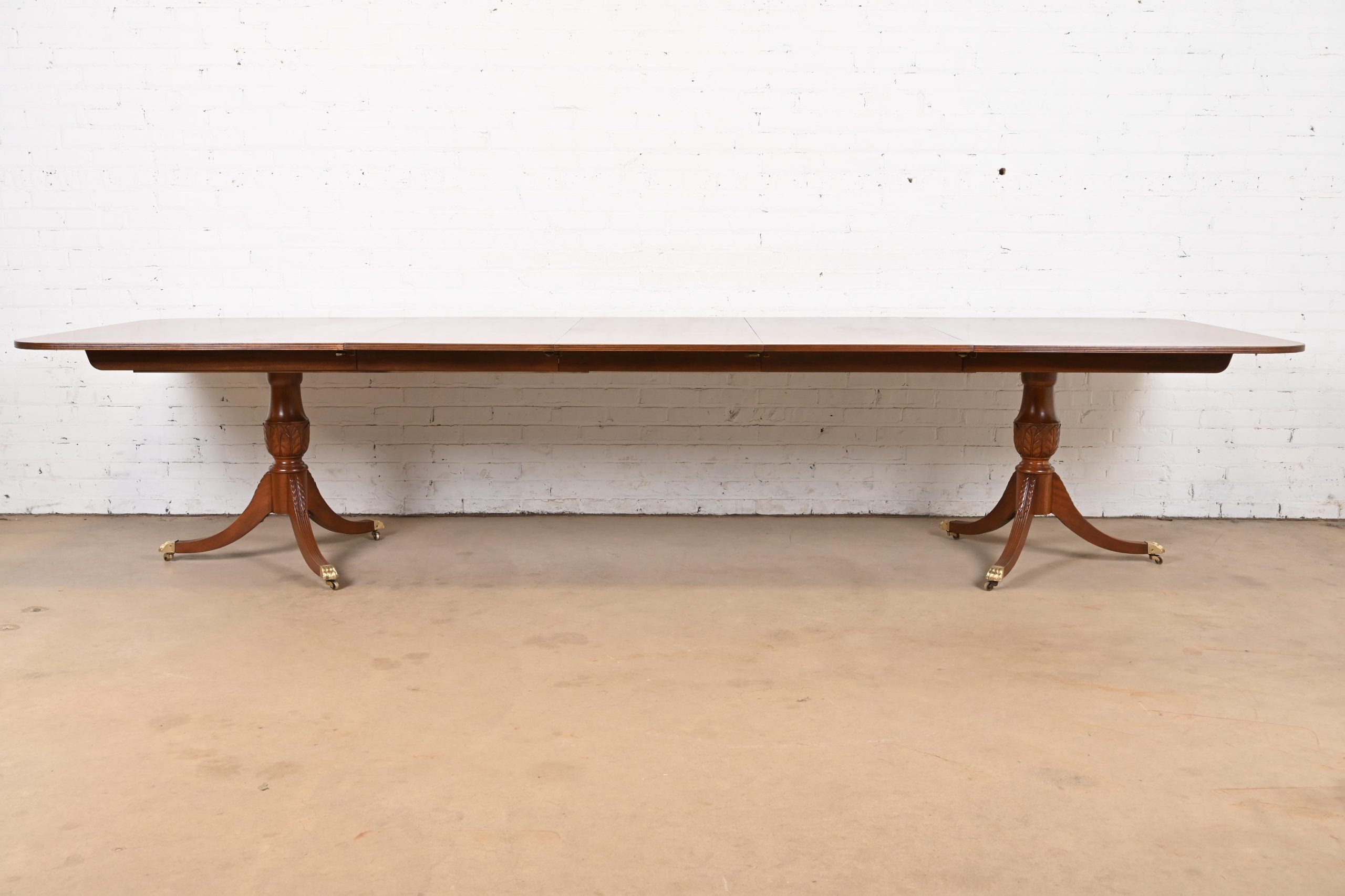 Baker Furniture Style Georgian Banded Mahogany Double Pedestal Extension Dining Table, Newly Refinished - Image 3