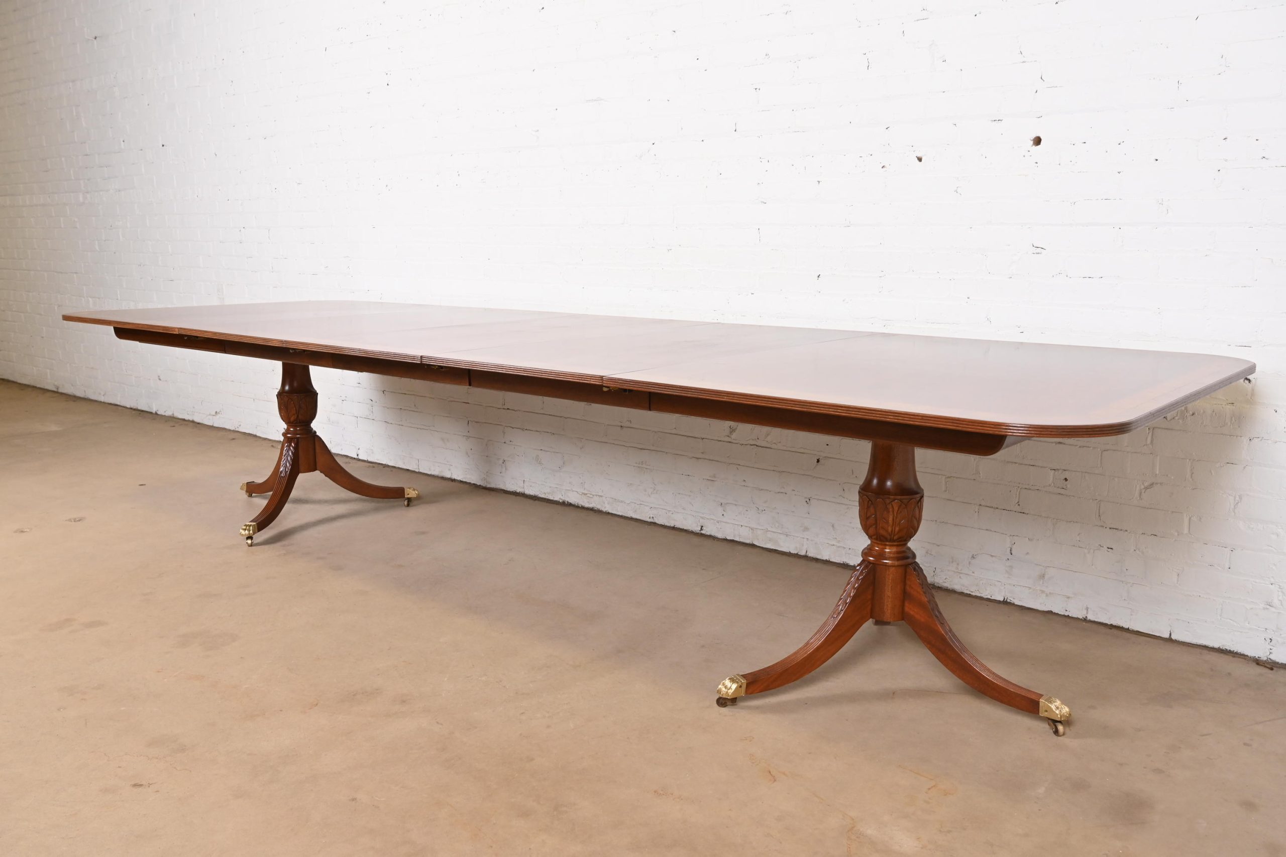 Baker Furniture Style Georgian Banded Mahogany Double Pedestal Extension Dining Table, Newly Refinished - Image 4
