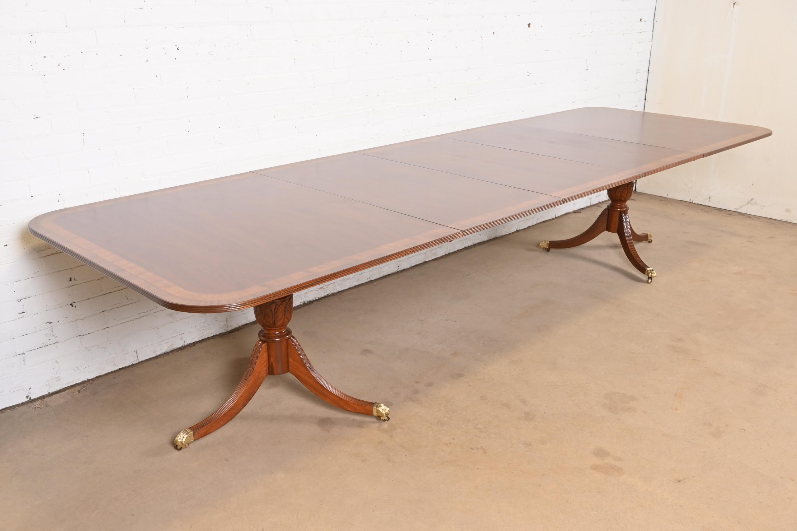 Baker Furniture Style Georgian Banded Mahogany Double Pedestal Extension Dining Table, Newly Refinished