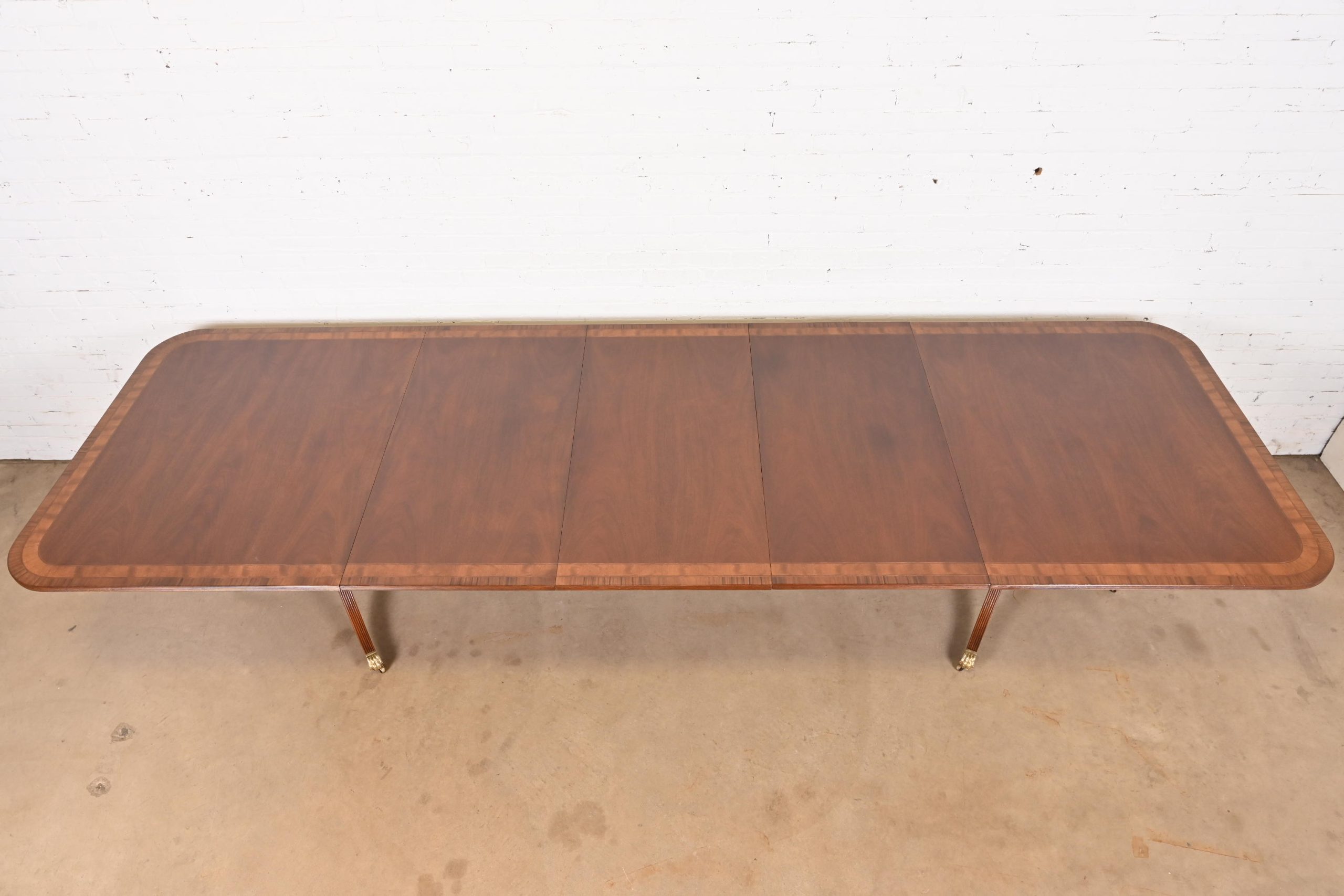 Baker Furniture Style Georgian Banded Mahogany Double Pedestal Extension Dining Table, Newly Refinished - Image 5