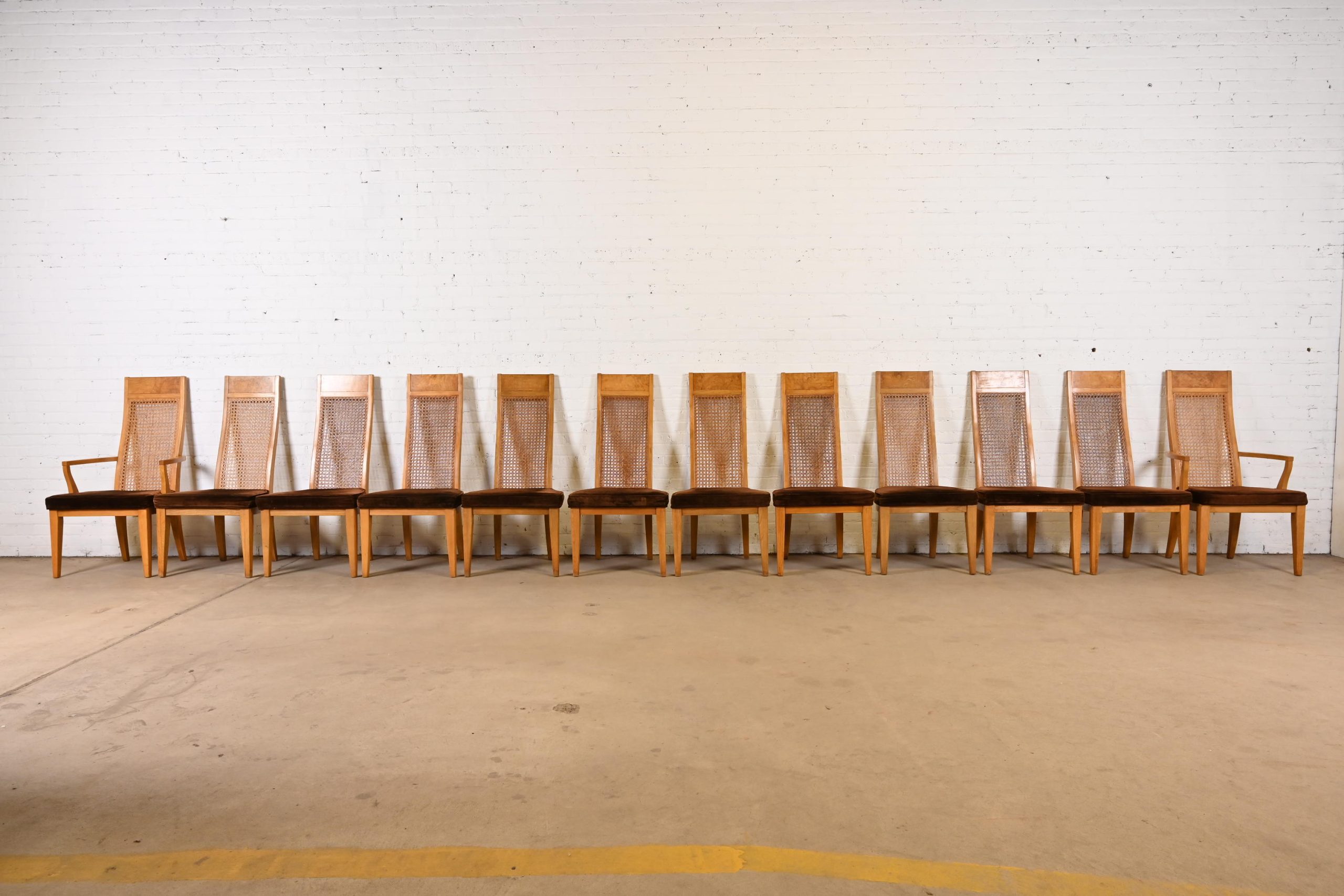 Milo Baughman Style Mid-Century Modern Burl Wood and Cane High Back Dining Chairs by Lane, 1970s - Image 3