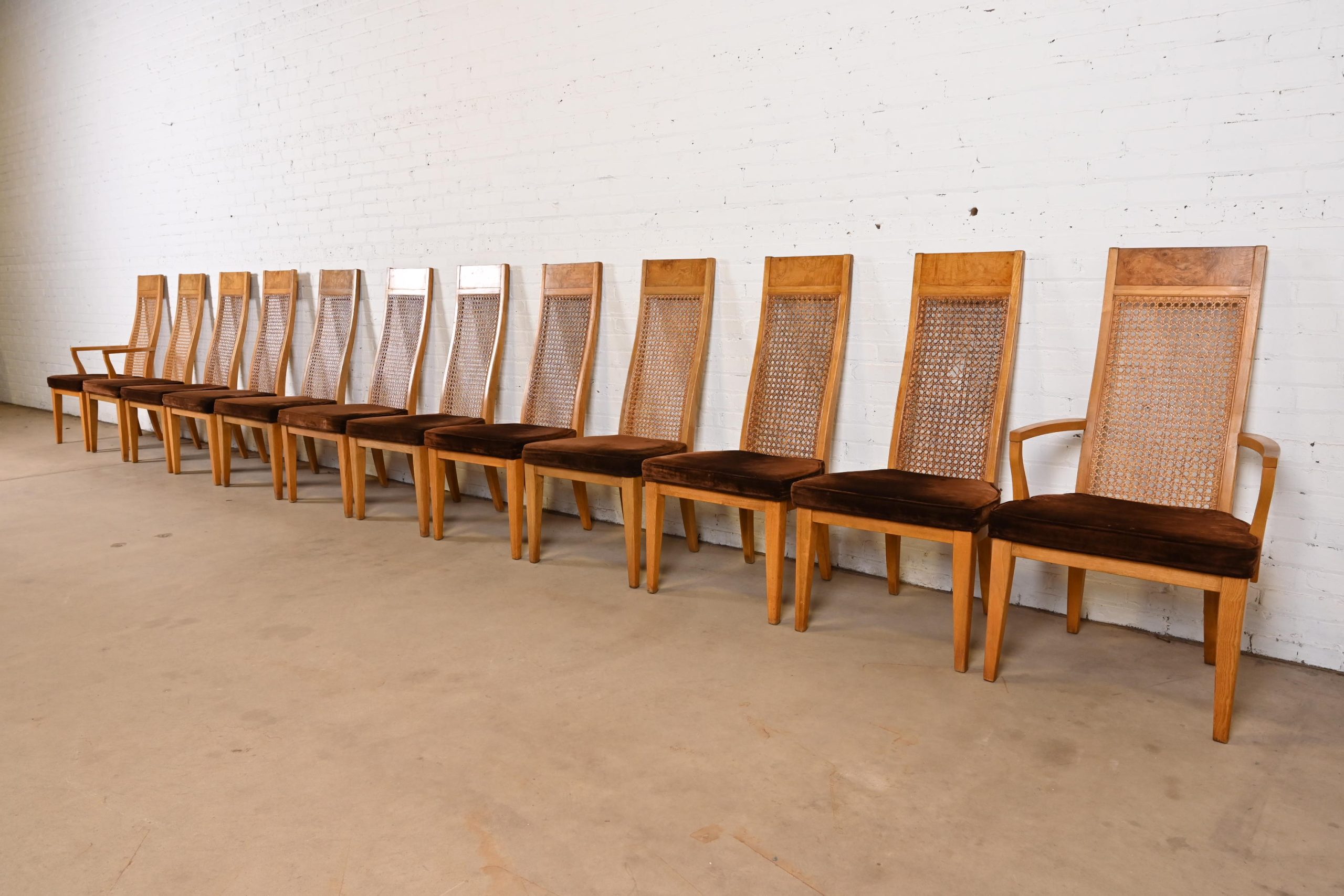 Milo Baughman Style Mid-Century Modern Burl Wood and Cane High Back Dining Chairs by Lane, 1970s - Image 4