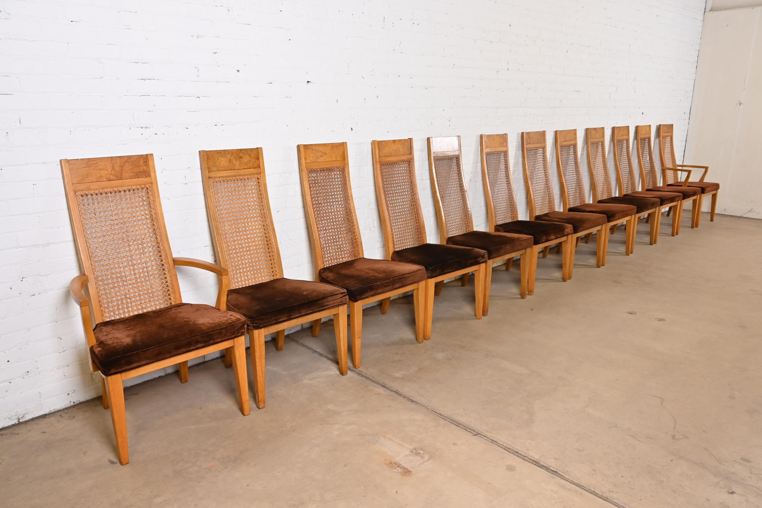 Milo Baughman Style Mid-Century Modern Burl Wood and Cane High Back Dining Chairs by Lane, 1970s - Image 2