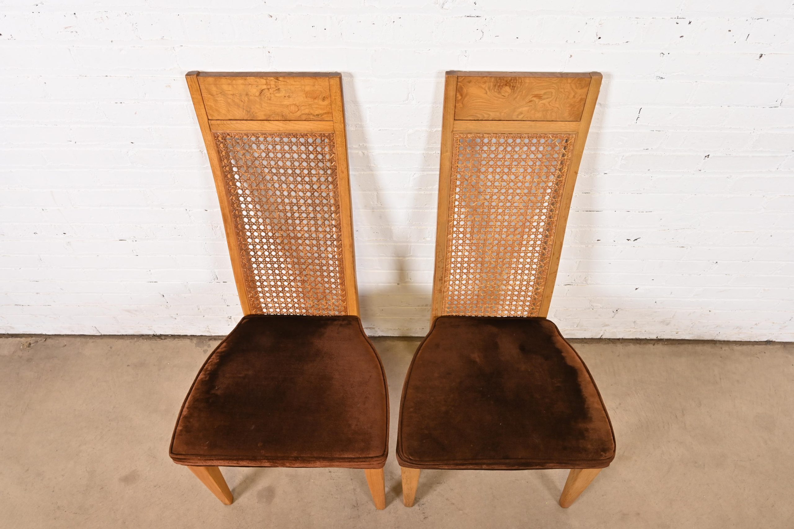Milo Baughman Style Mid-Century Modern Burl Wood and Cane High Back Dining Chairs by Lane, 1970s - Image 6