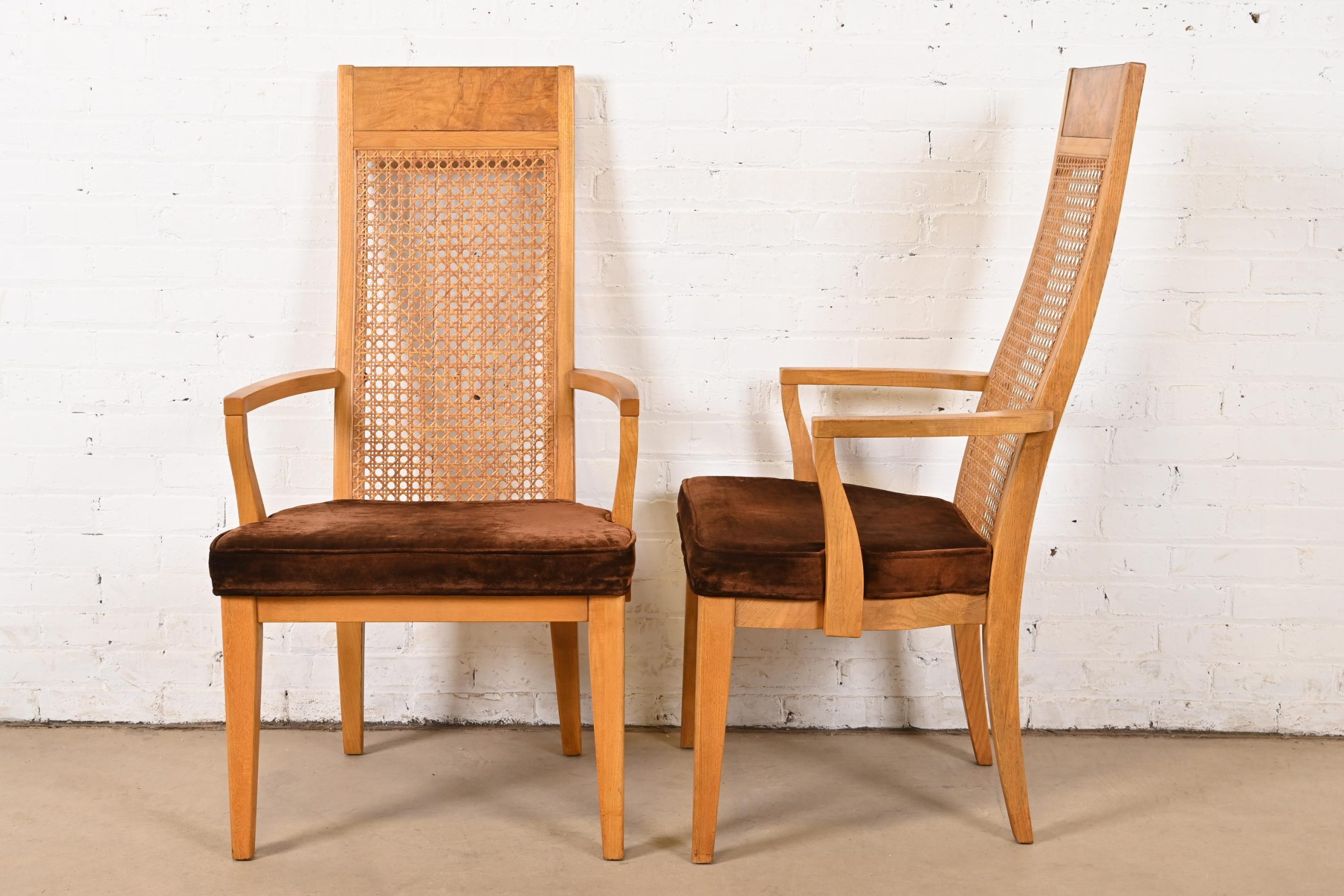 Milo Baughman Style Mid-Century Modern Burl Wood and Cane High Back Dining Chairs by Lane, 1970s - Image 7