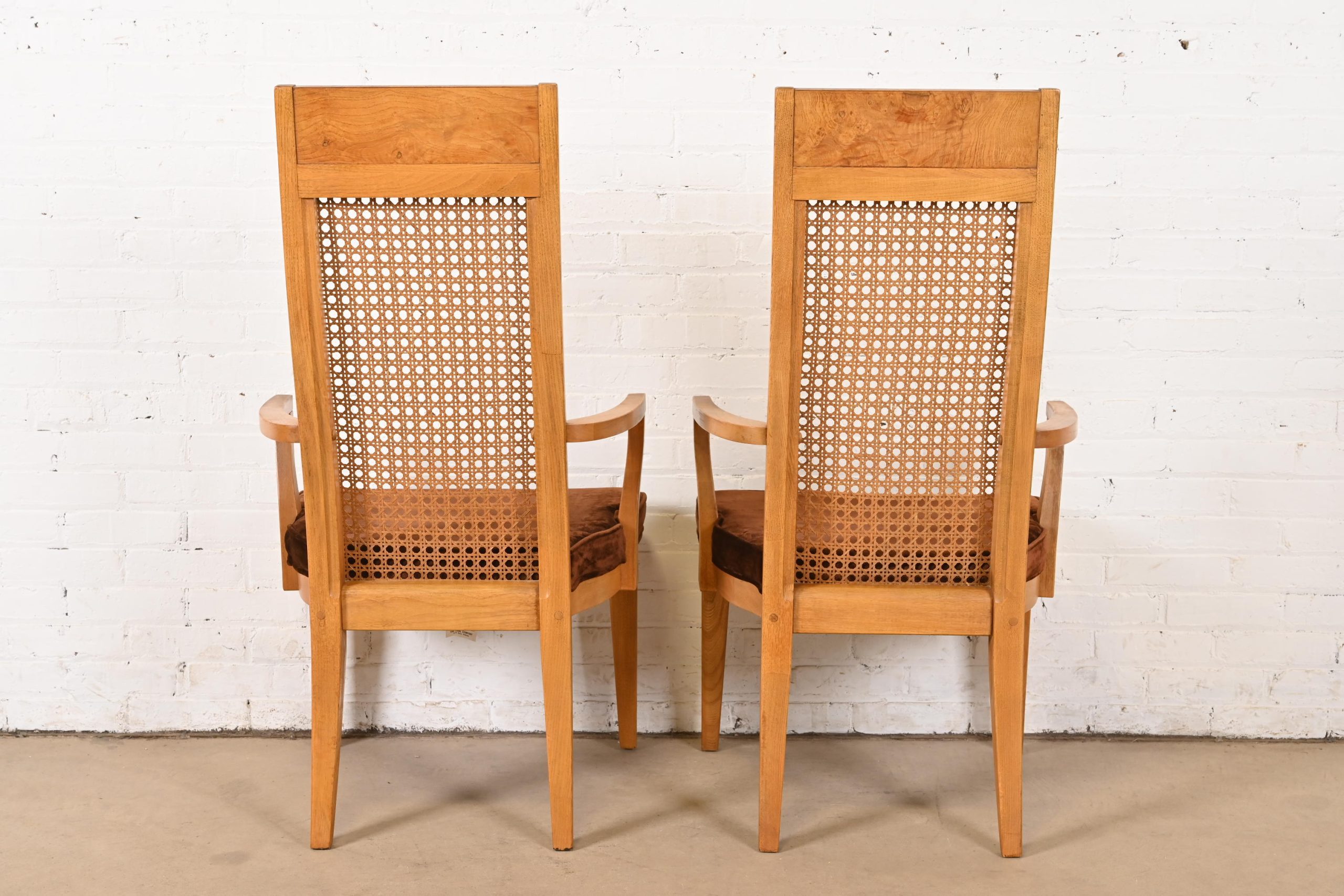 Milo Baughman Style Mid-Century Modern Burl Wood and Cane High Back Dining Chairs by Lane, 1970s - Image 9