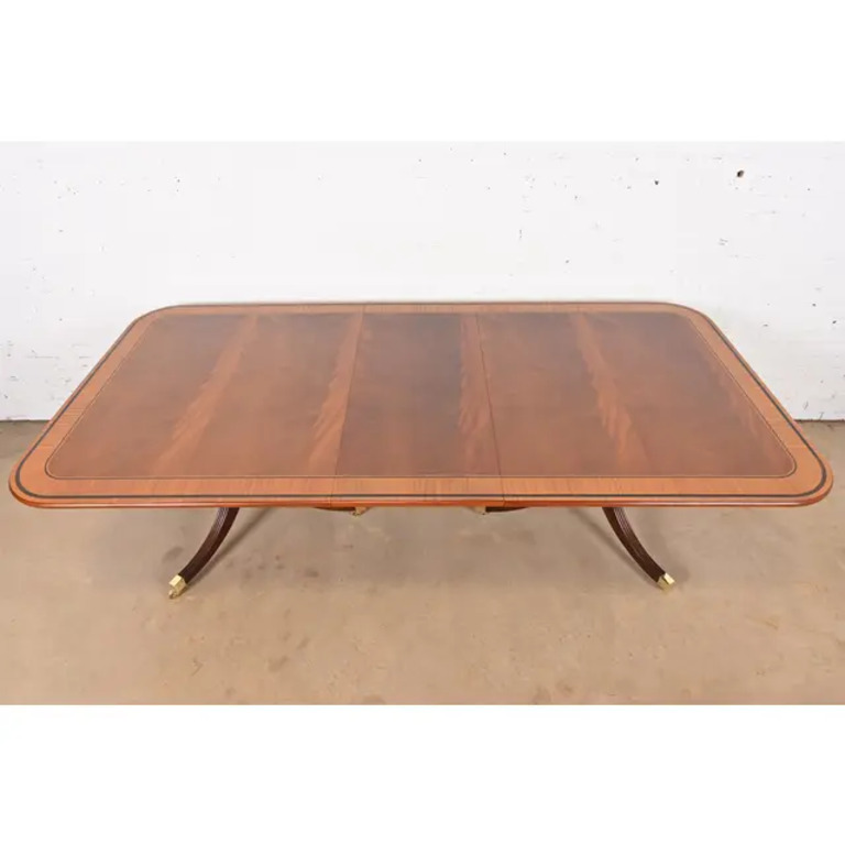Baker Furniture Stately Homes Georgian Banded Mahogany Double Pedestal Extension Dining Table, Newly Refinished - Image 6