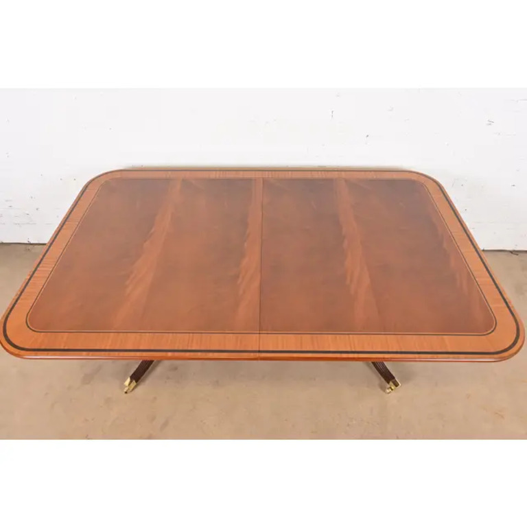 Baker Furniture Stately Homes Georgian Banded Mahogany Double Pedestal Extension Dining Table, Newly Refinished - Image 9
