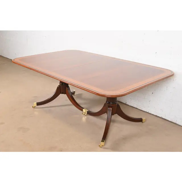 Baker Furniture Stately Homes Georgian Banded Mahogany Double Pedestal Extension Dining Table, Newly Refinished - Image 8