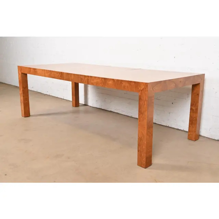 Milo Baughman for Thayer Coggin Mid-Century Modern Burl Wood Parsons Extension Dining Table, Newly Refinished - Image 4