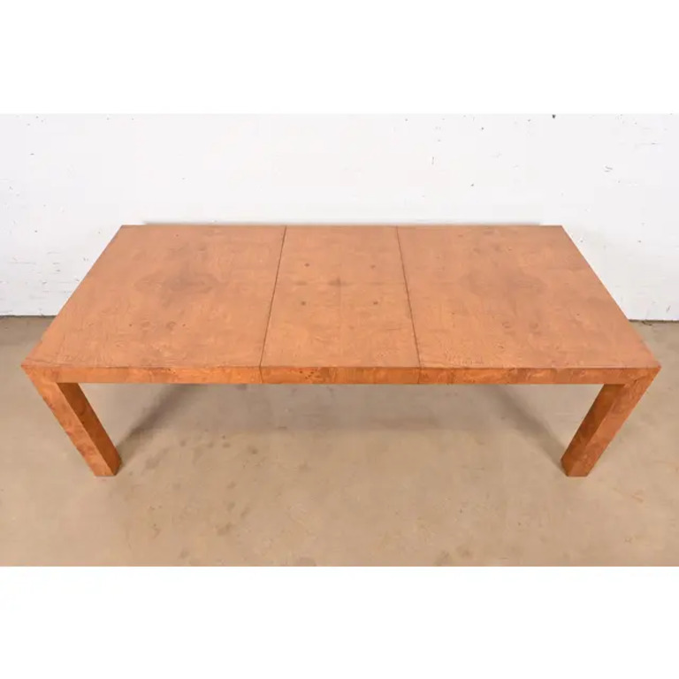 Milo Baughman for Thayer Coggin Mid-Century Modern Burl Wood Parsons Extension Dining Table, Newly Refinished - Image 5