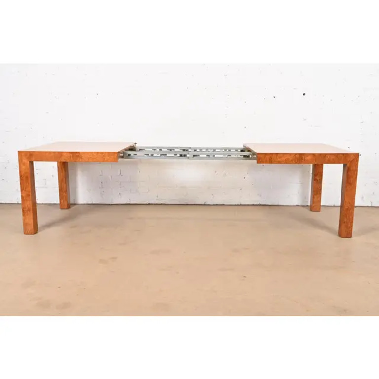 Milo Baughman for Thayer Coggin Mid-Century Modern Burl Wood Parsons Extension Dining Table, Newly Refinished - Image 6