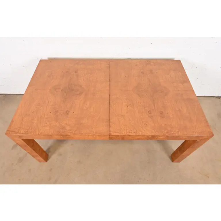 Milo Baughman for Thayer Coggin Mid-Century Modern Burl Wood Parsons Extension Dining Table, Newly Refinished - Image 9
