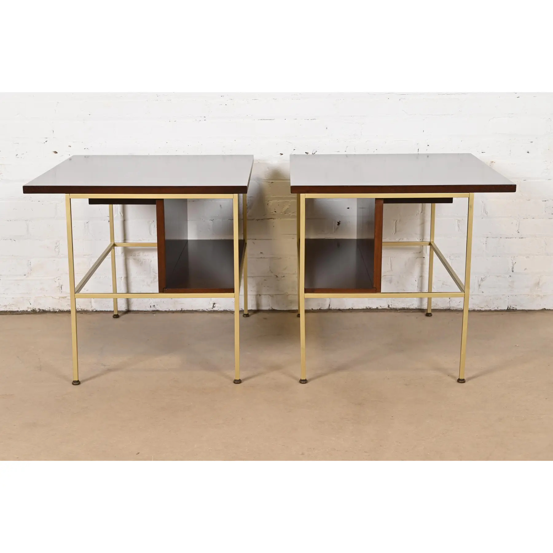 Paul McCobb Irwin Collection Mahogany and Brass Nightstands or End Tables, Newly Refinished - Image 11