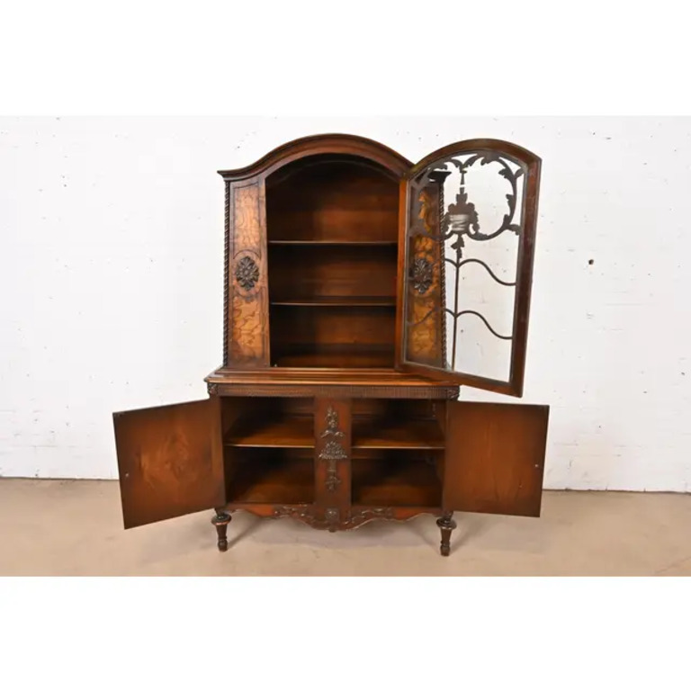 Romweber French Regency Louis XVI Burled Walnut Breakfront Bookcase Cabinet, Circa 1920s - Image 5