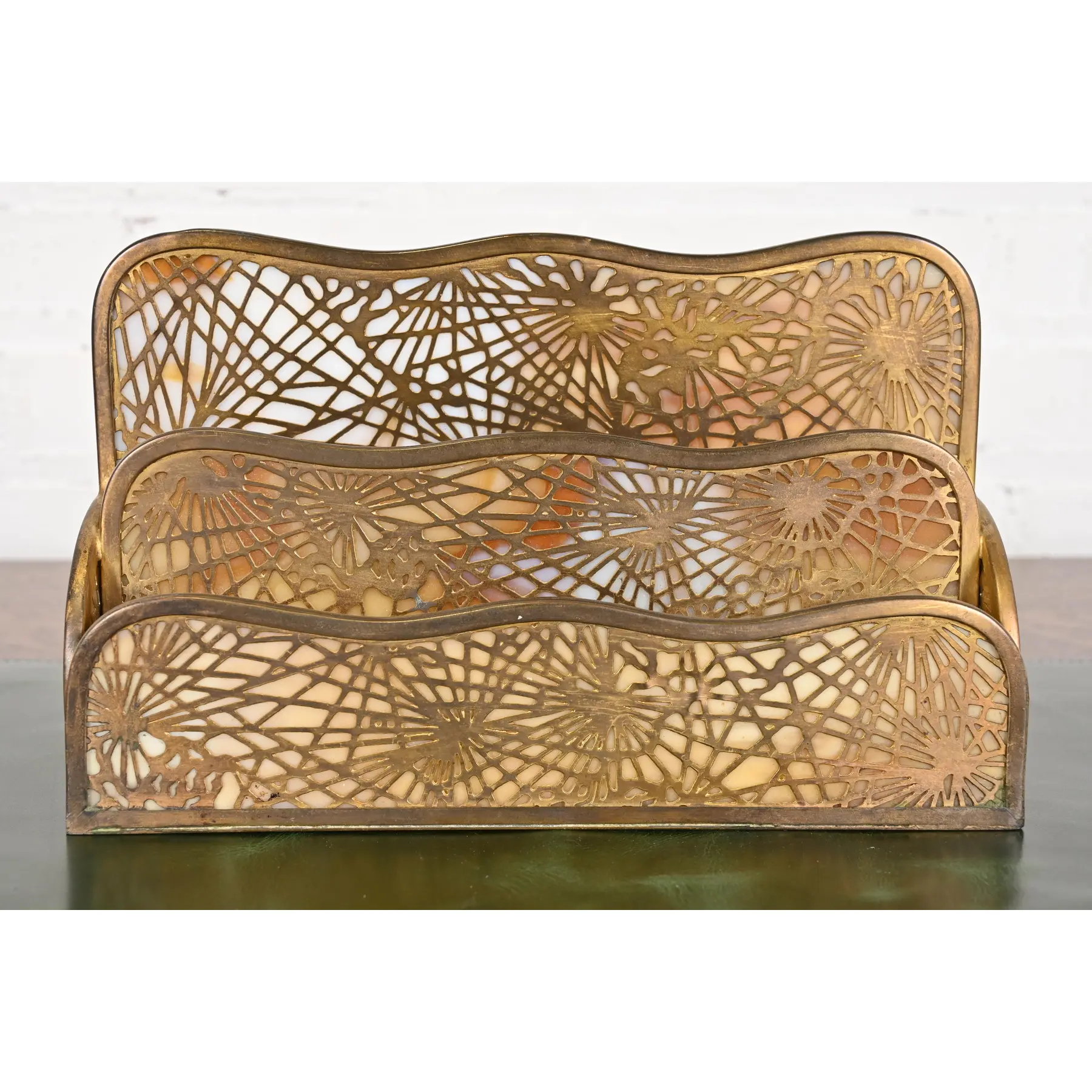 Tiffany Studios New York Pine Needle Bronze Doré and Slag Glass Nine-Piece Desk Set, Circa 1910 - Image 3