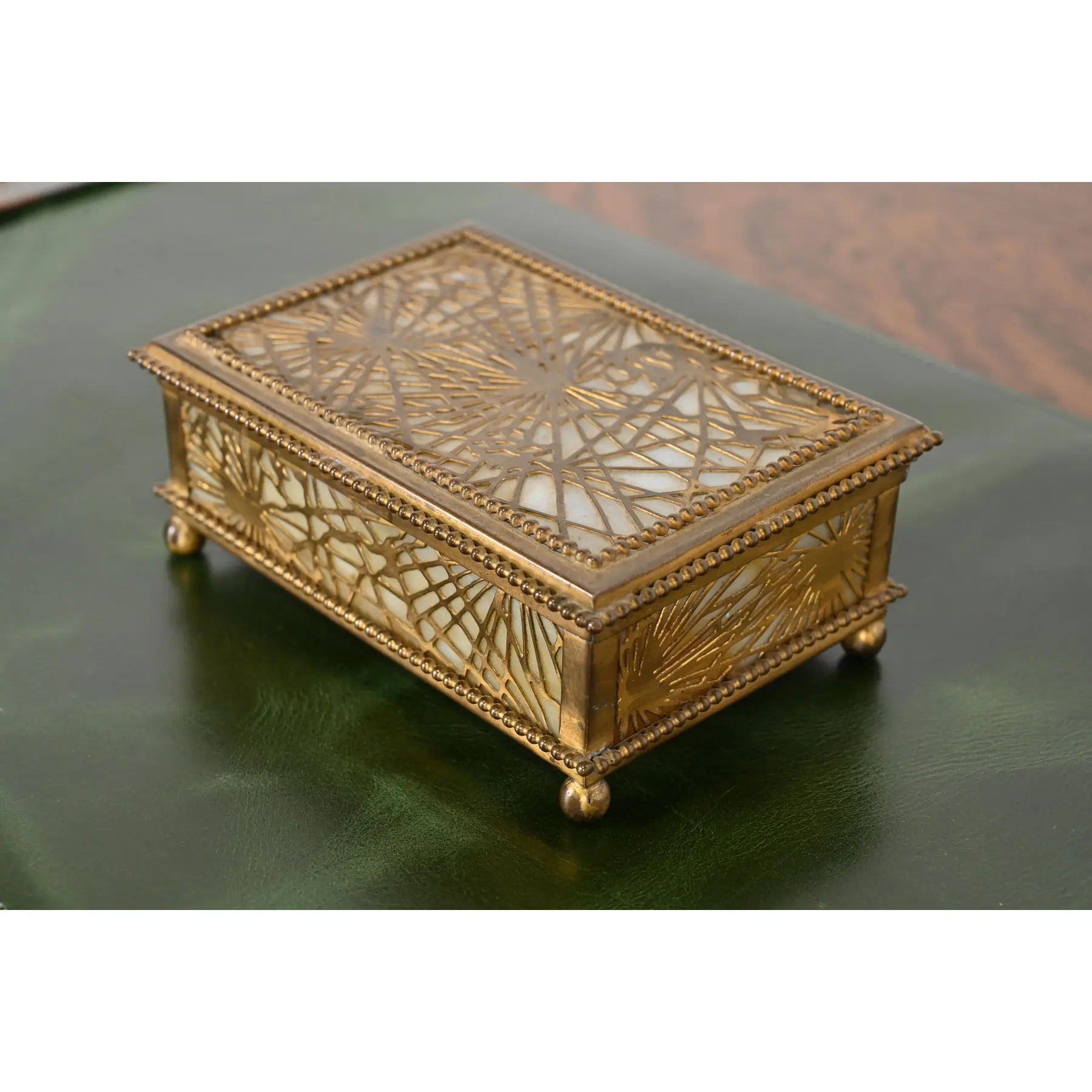 Tiffany Studios New York Pine Needle Bronze Doré and Slag Glass Nine-Piece Desk Set, Circa 1910 - Image 5