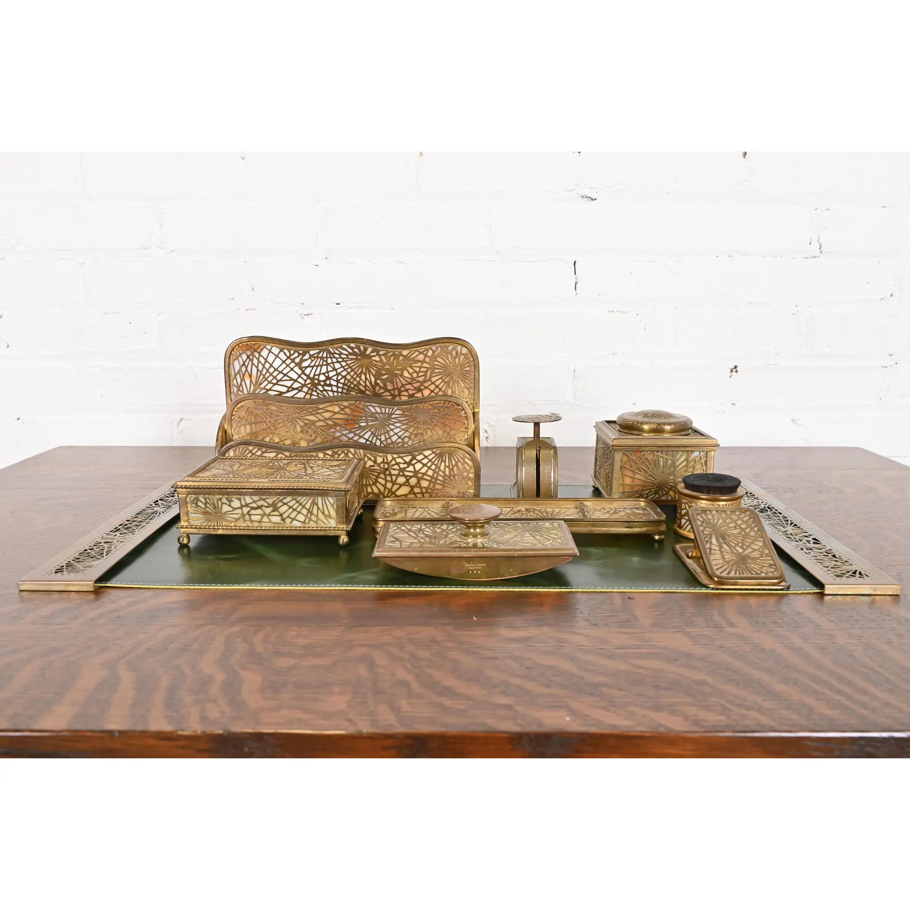 Tiffany Studios New York Pine Needle Bronze Doré and Slag Glass Nine-Piece Desk Set, Circa 1910 - Image 2