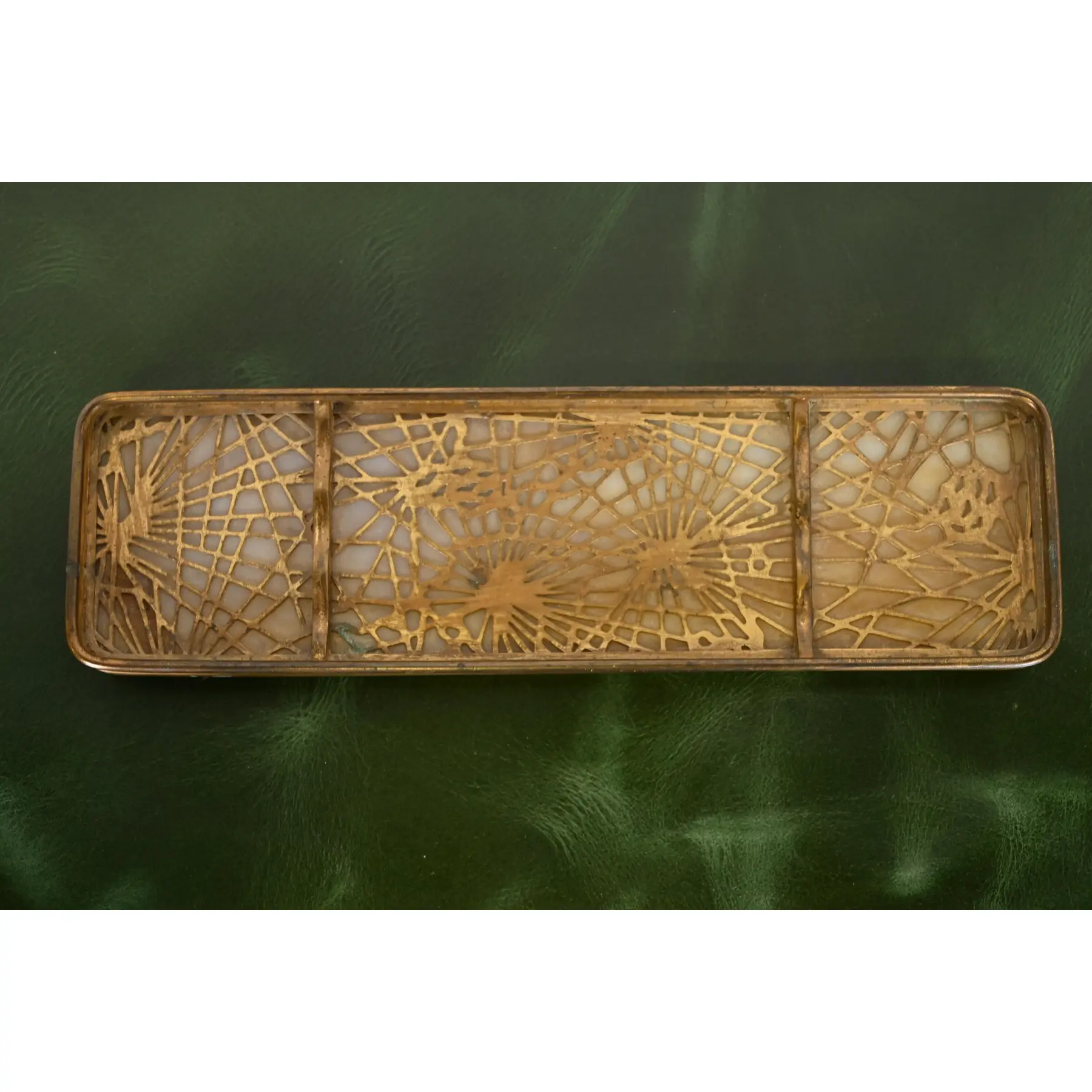 Tiffany Studios New York Pine Needle Bronze Doré and Slag Glass Nine-Piece Desk Set, Circa 1910 - Image 4