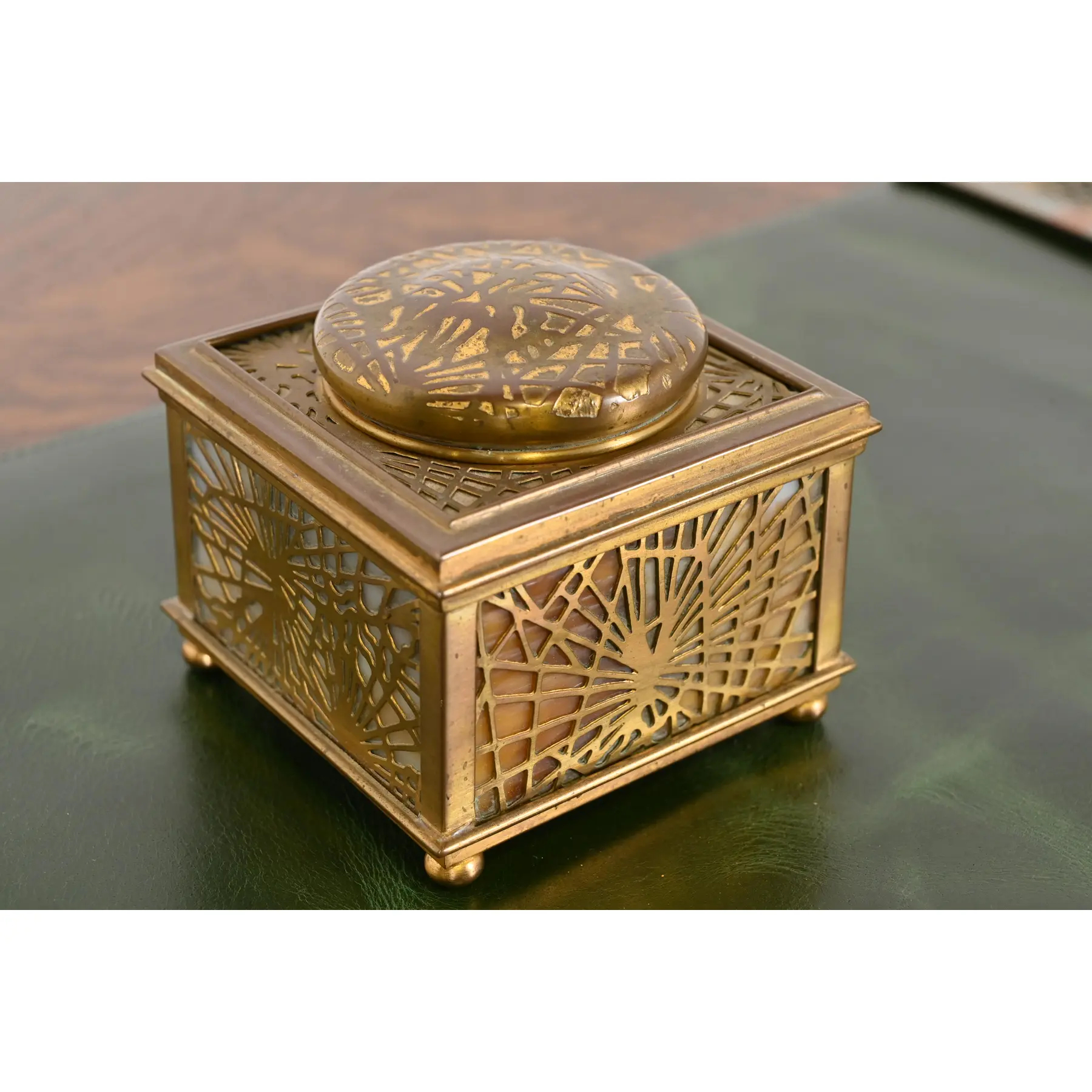 Tiffany Studios New York Pine Needle Bronze Doré and Slag Glass Nine-Piece Desk Set, Circa 1910 - Image 6