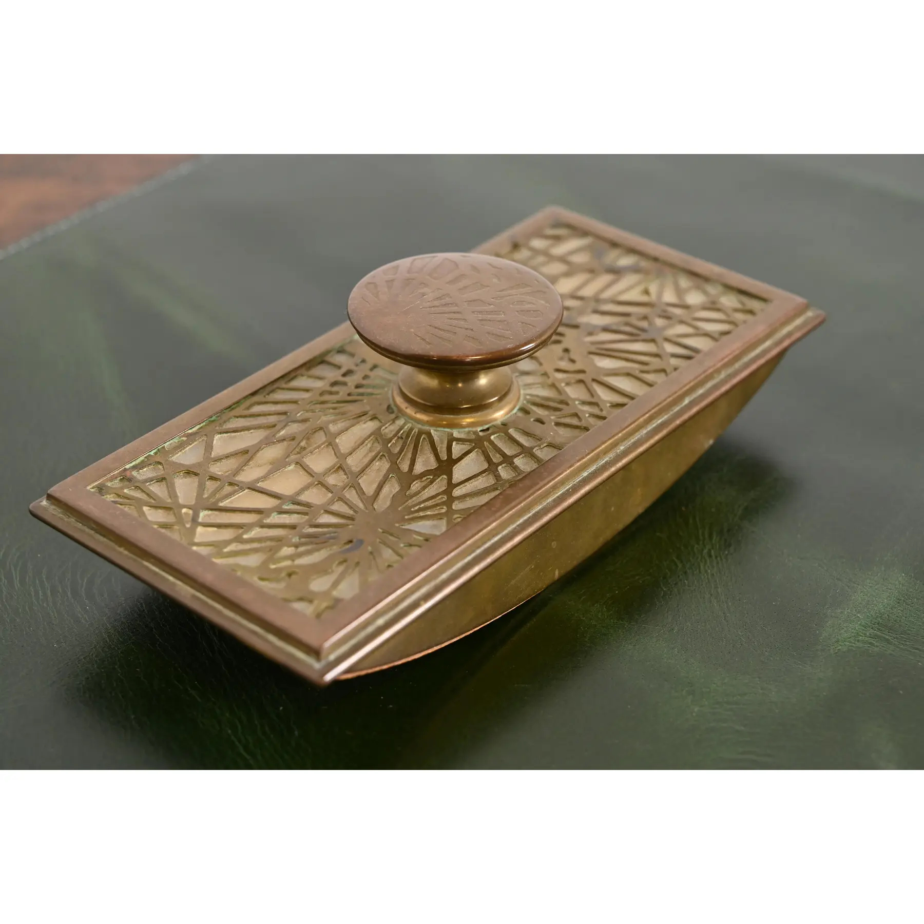 Tiffany Studios New York Pine Needle Bronze Doré and Slag Glass Nine-Piece Desk Set, Circa 1910 - Image 7