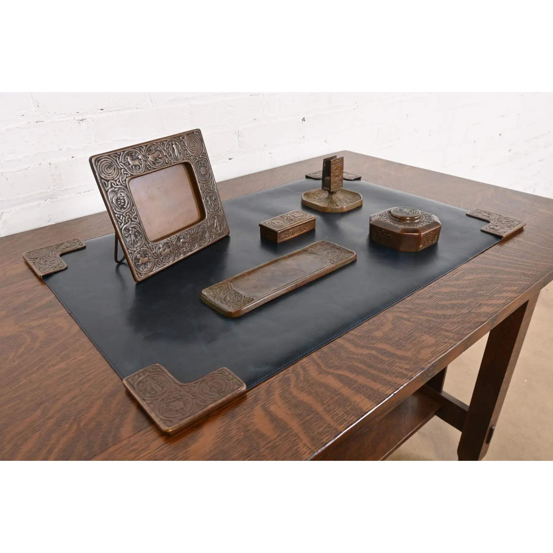 Tiffany Studios New York Zodiac Bronze Six-Piece Desk Set, Circa 1910 - Image 3