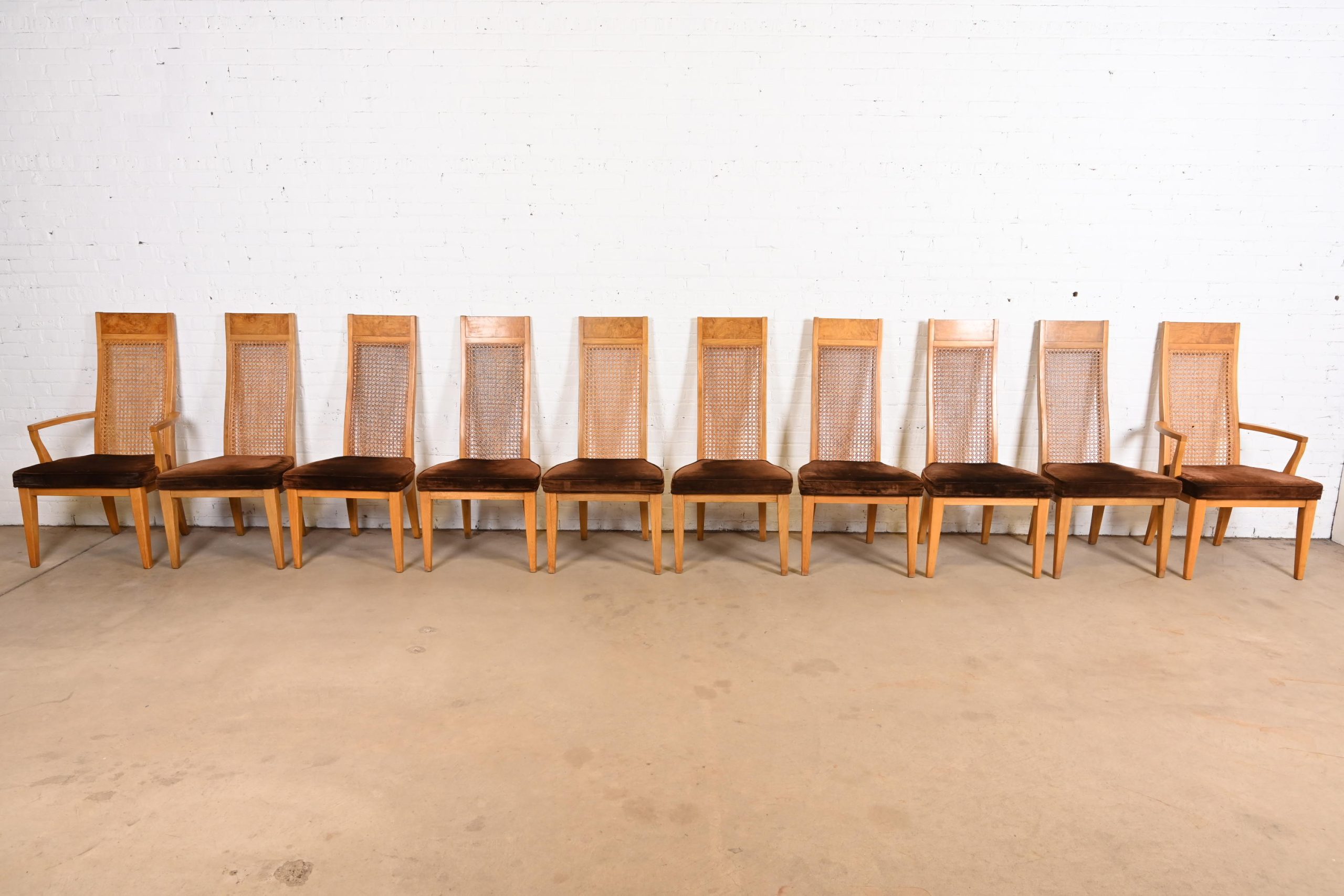 Milo Baughman Style Mid-Century Modern Burl Wood and Cane High Back Dining Chairs by Lane, Set of Ten - Image 3