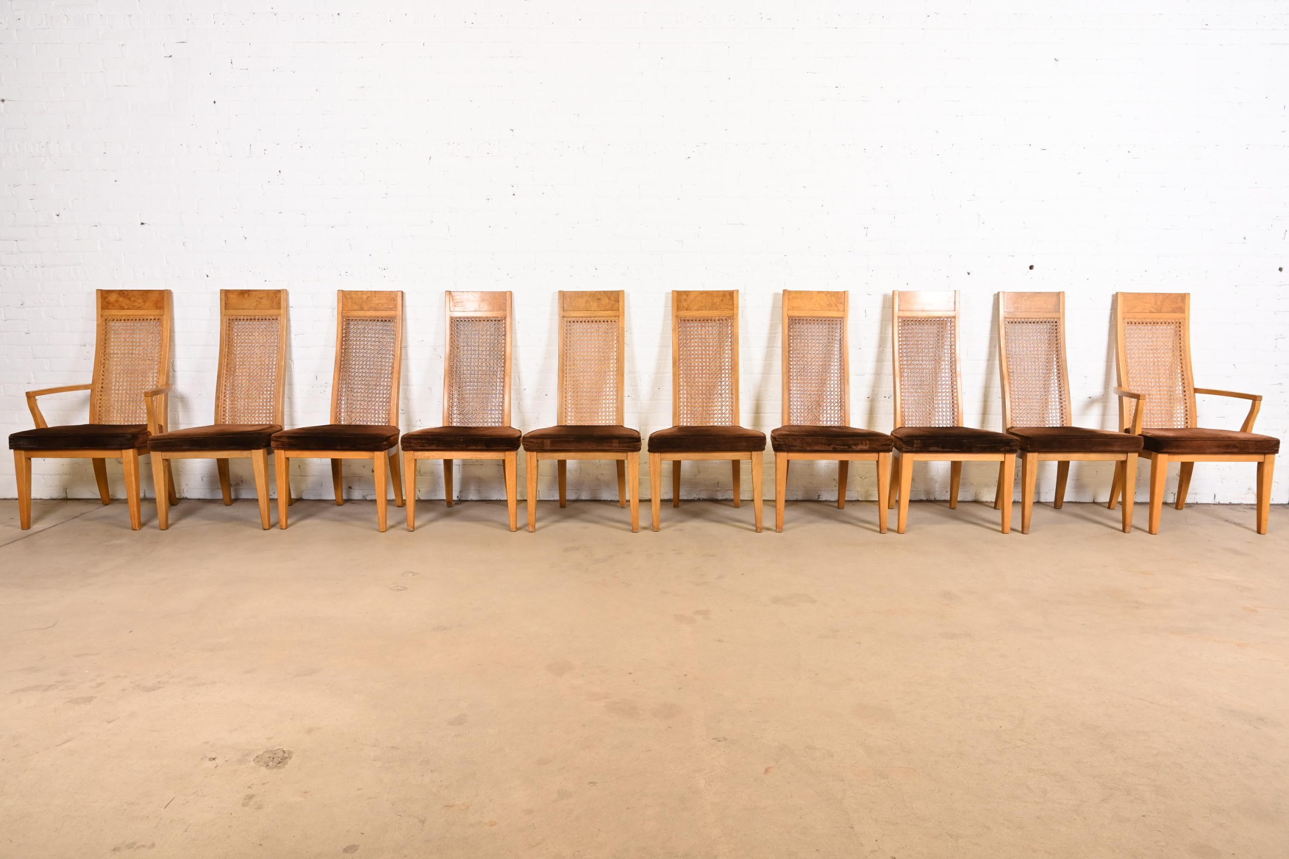 Milo Baughman Style Mid-Century Modern Burl Wood and Cane High Back Dining Chairs by Lane, Set of Ten - Image 2